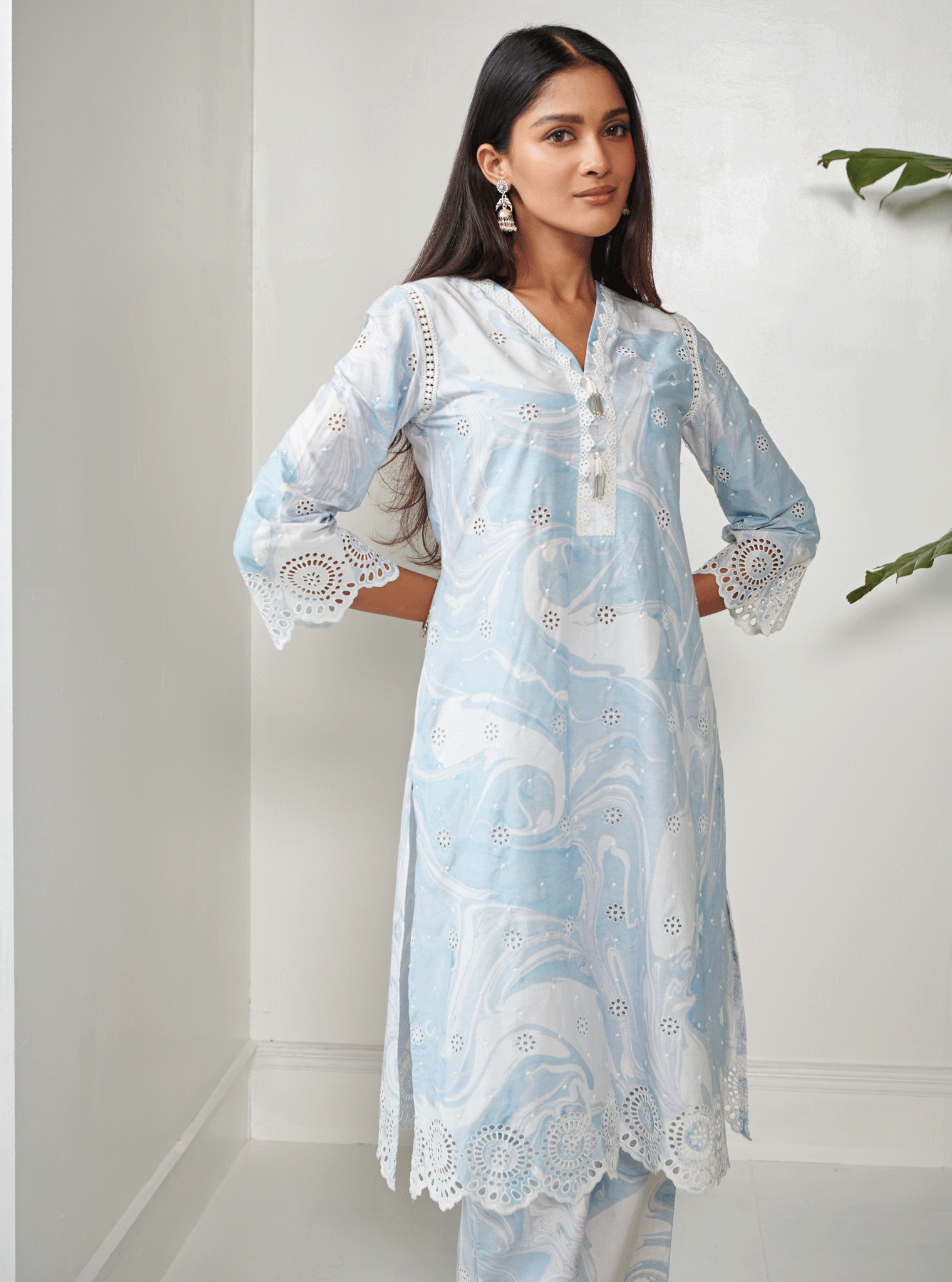 Mulmul Cotton Carrara Blue Kurta With Carrara Blue Pant