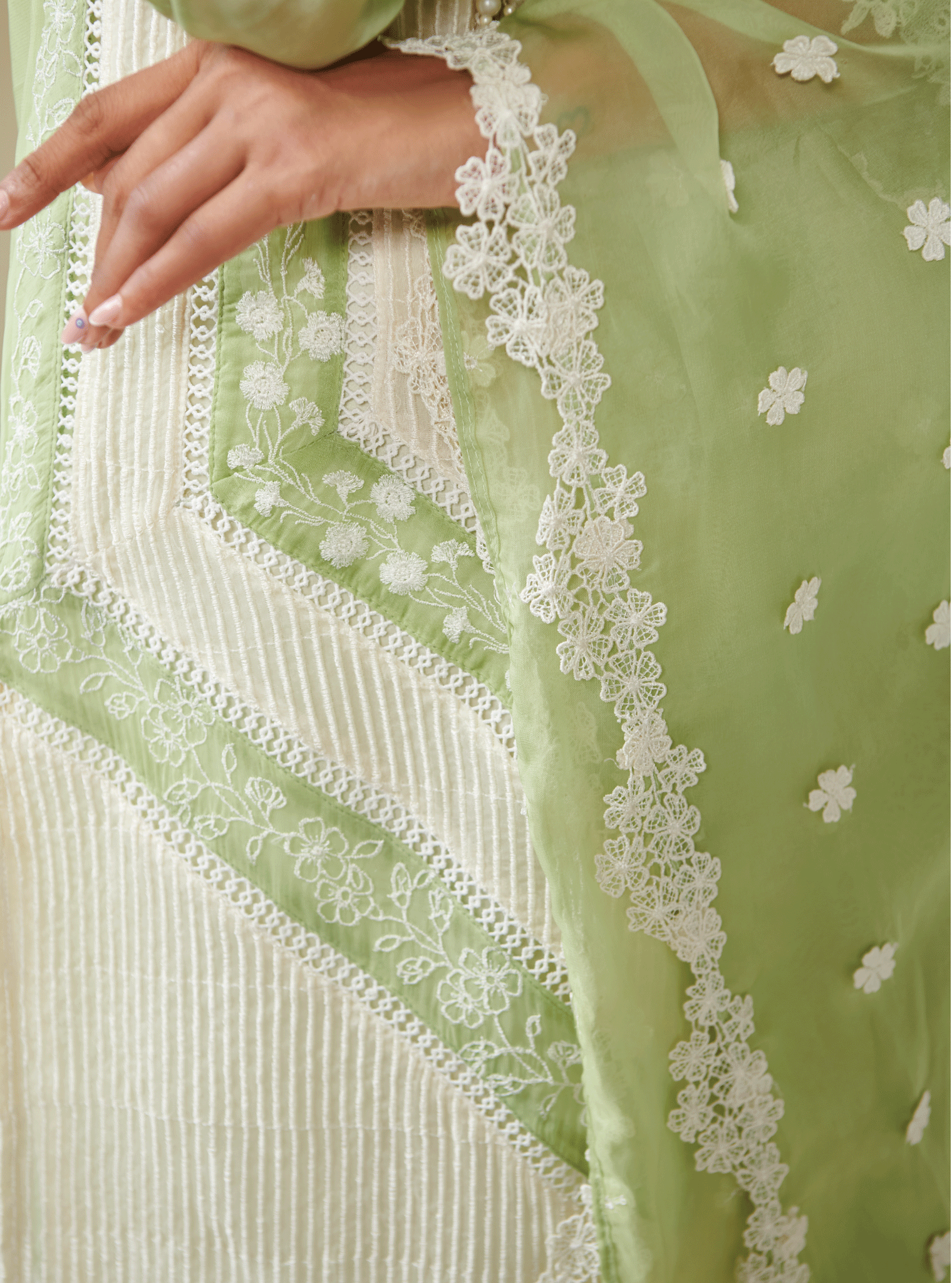 Mulmul Organza Gillian Green Kurta With Cotton Gillian Green Pant