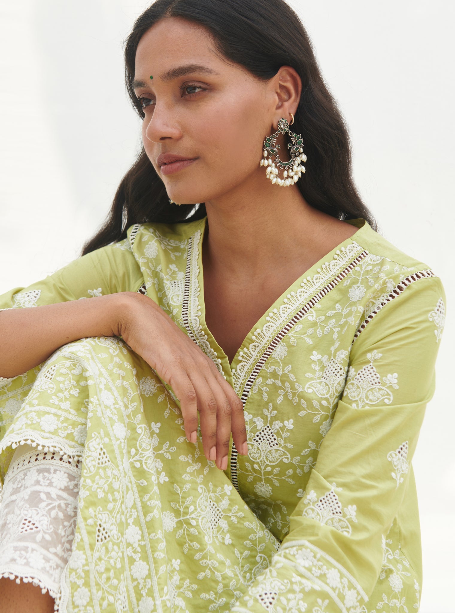 Mulmul Cotton Verla Lime Kurta With Mulmul Cotton Verla White Pant