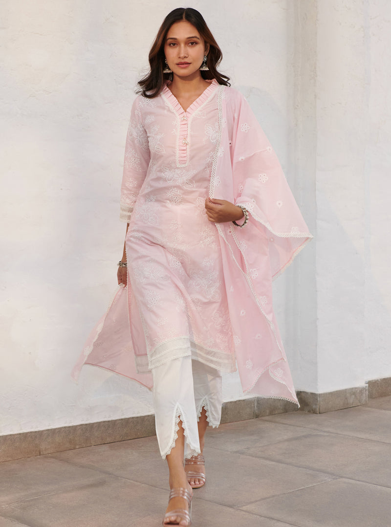 Mulmul Cotton Verlem pink kurta