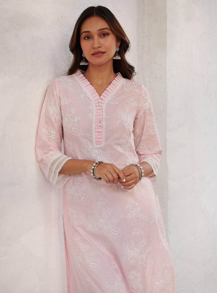 Mulmul Cotton Verlem pink kurta