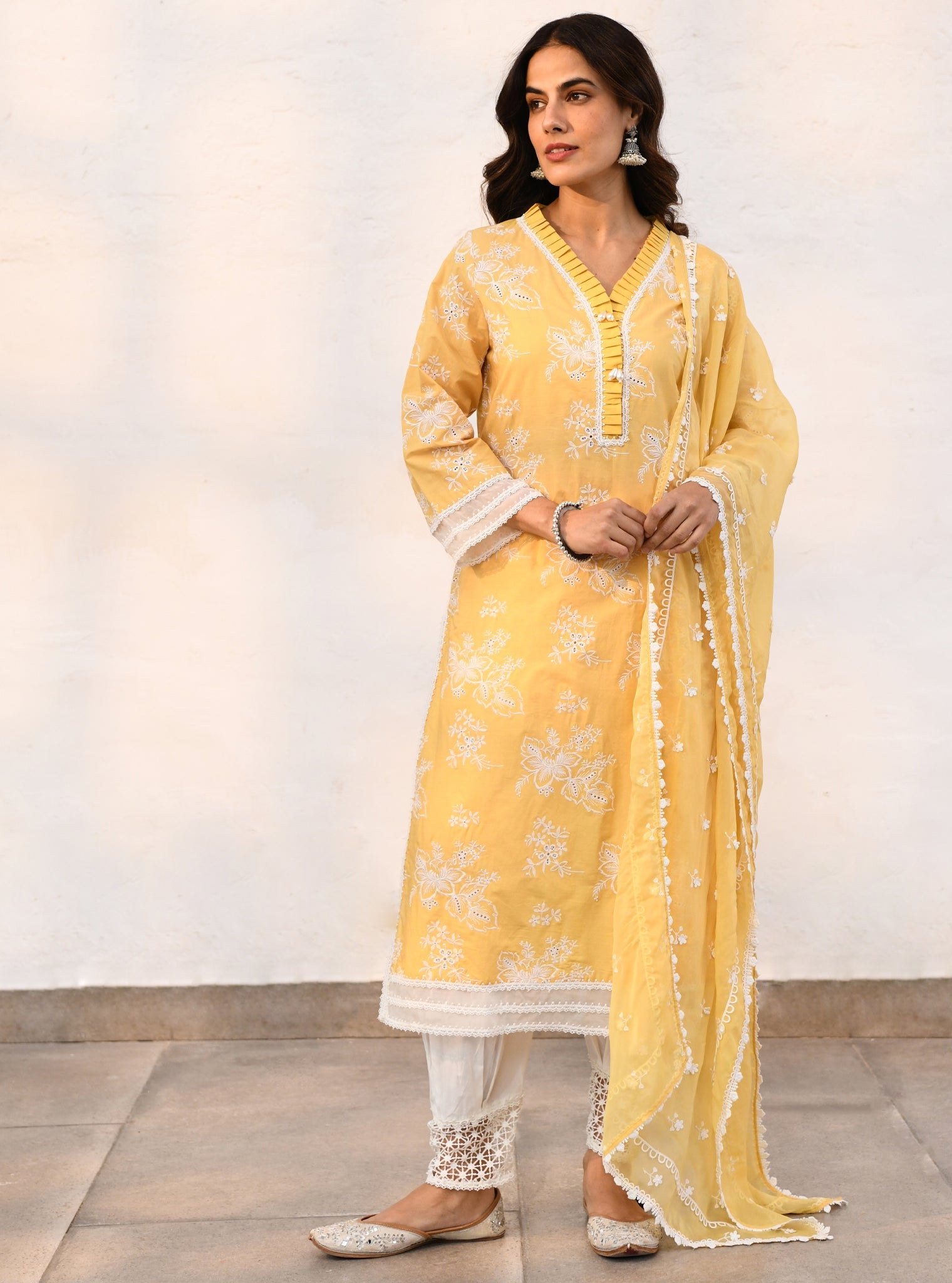 Mulmul Cotton Verlem Yellow Kurta With Mulmul Cotton Chemical Lace White Salwar