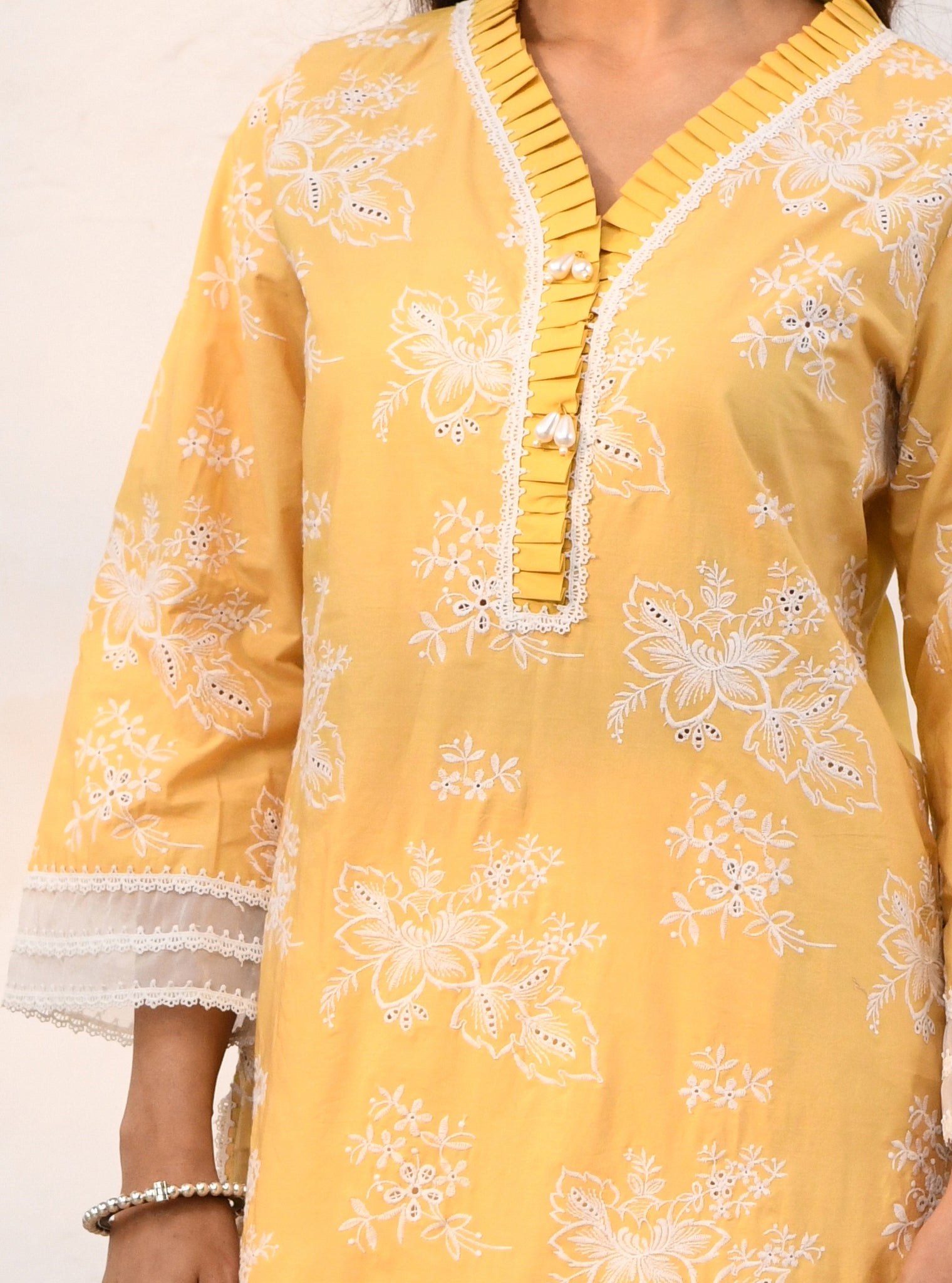 Mulmul Cotton Verlem Yellow Kurta With Mulmul Cotton Chemical Lace White Salwar