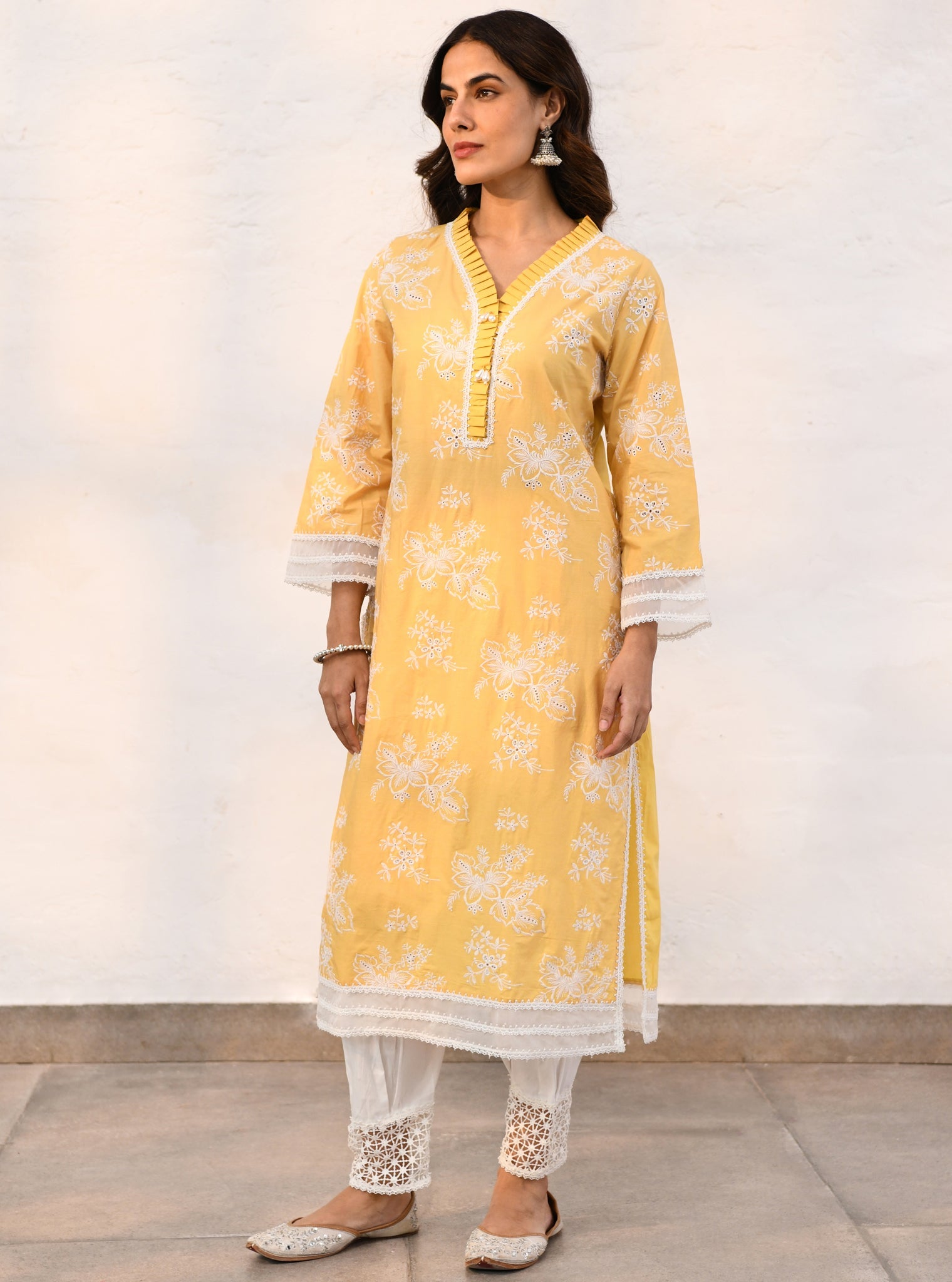 Mulmul Cotton Verlem Yellow Kurta With Mulmul Cotton Chemical Lace White Salwar