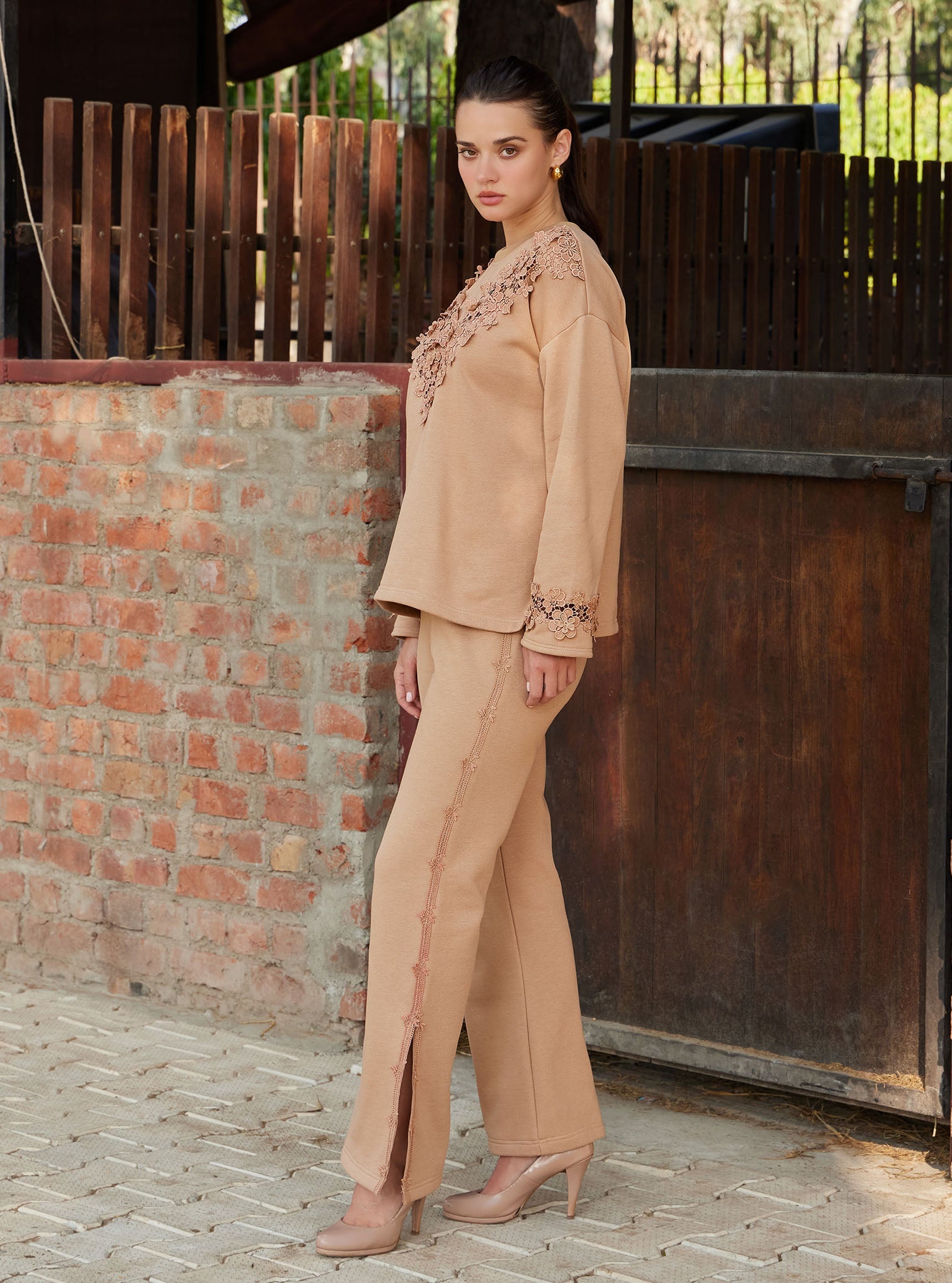 Mulmul Fleece Circe Beige Top with Mulmul Fleece Circe Beige Pant