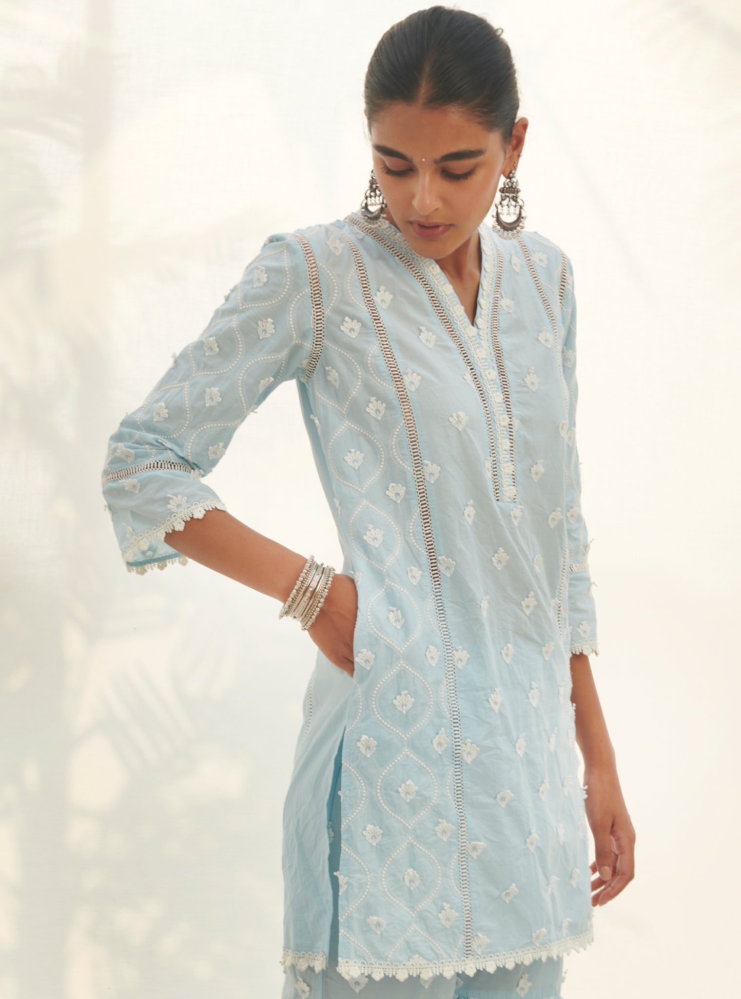 Mulmul Cotton Zarani Blue Kurta With Mulmul Cotton Zarani Blue Garara