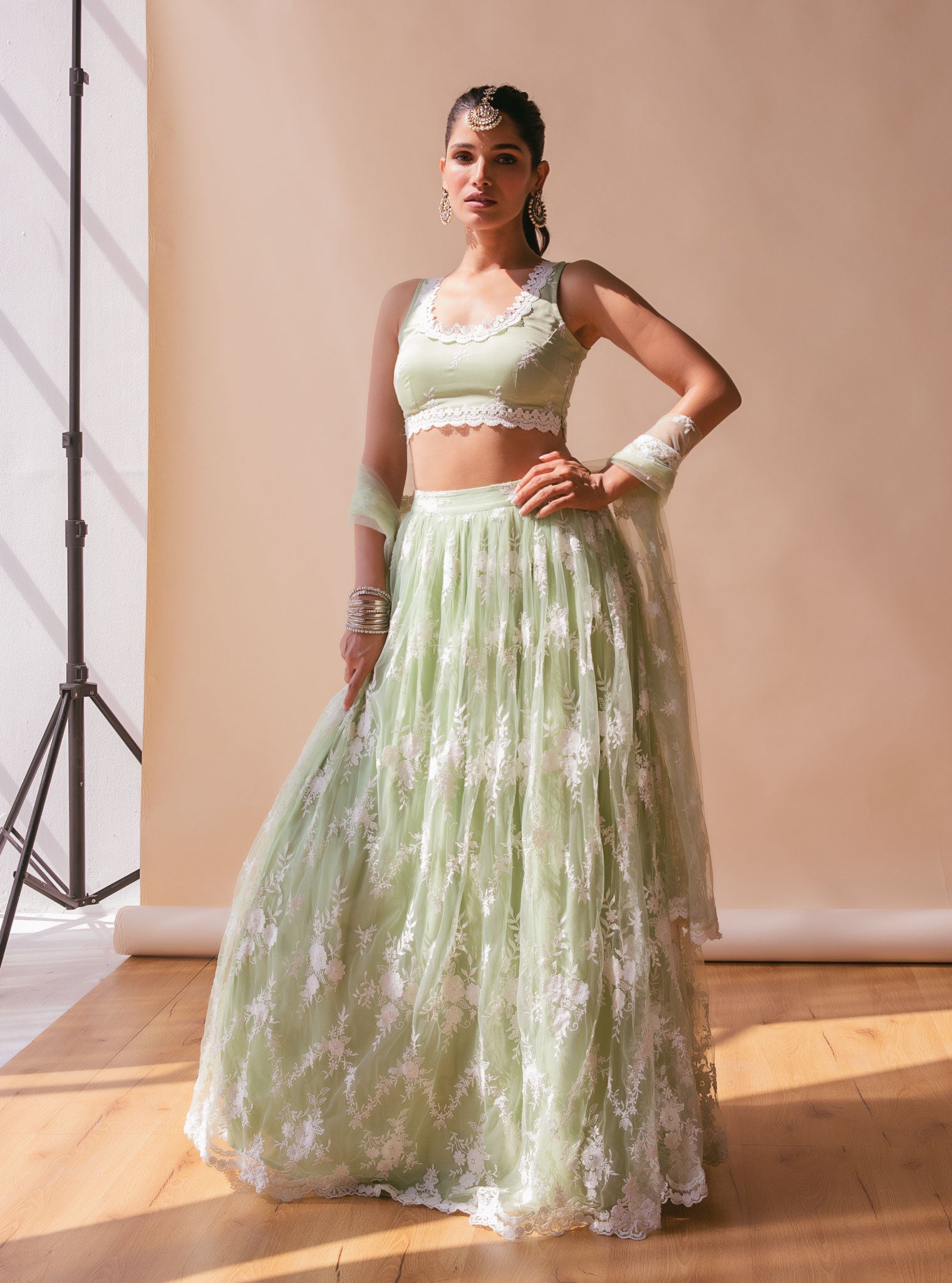 Mulmul Almora Green Net Lehenga