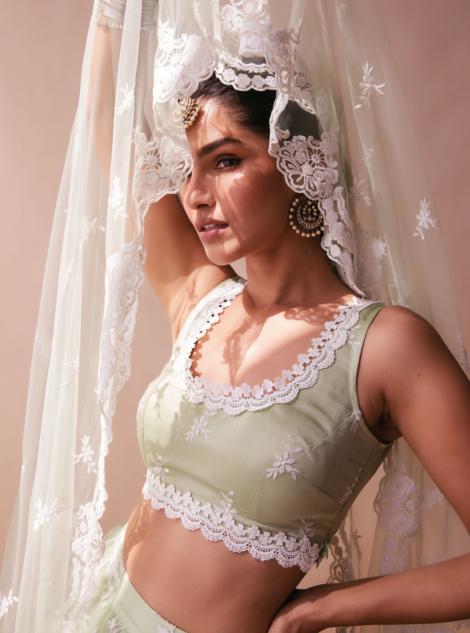 Mulmul Almora Green Net Lehenga