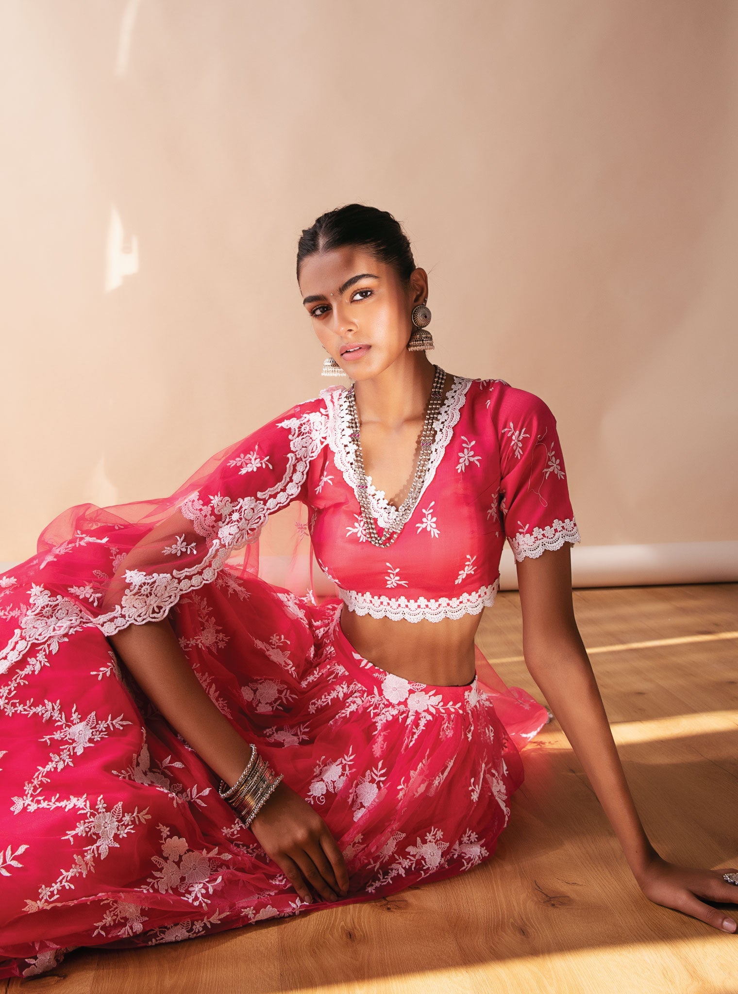 Mulmul Almora Red Net Lehenga