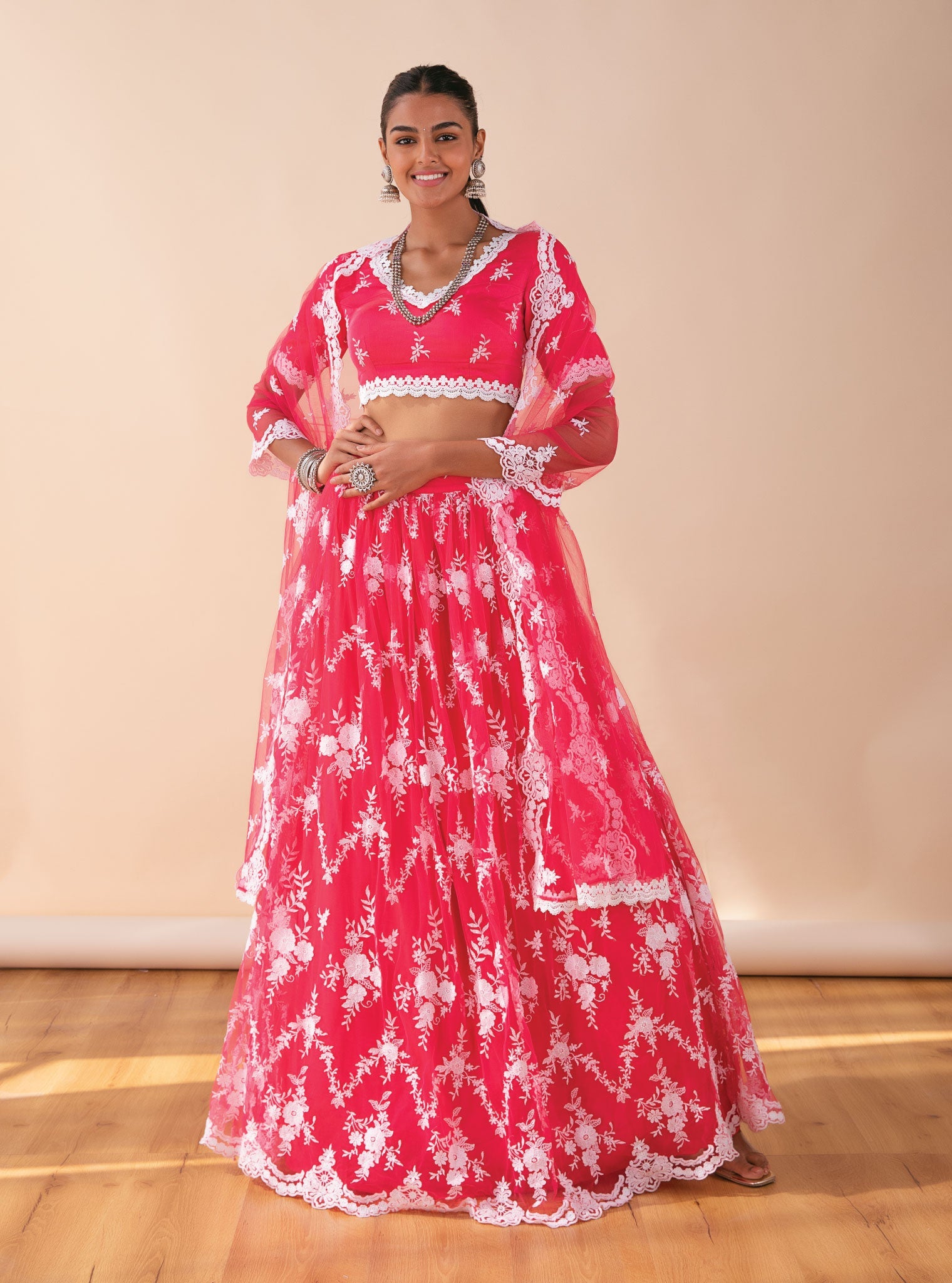 Mulmul Almora Red Net Lehenga