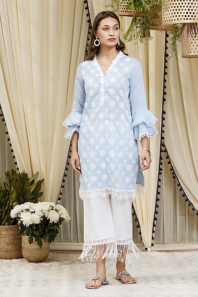 Mulmul Cotton Daffodil Blue Kurta  with New Poppy White Pants