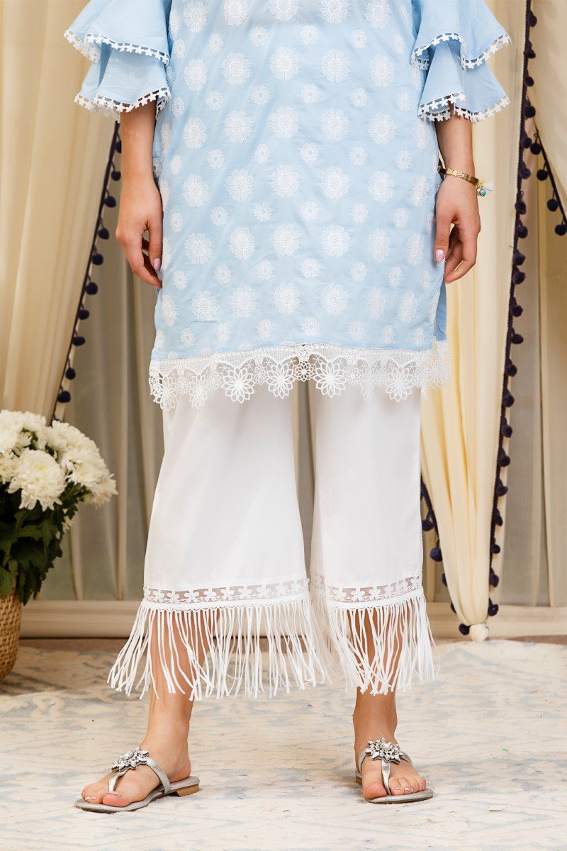 Mulmul Cotton Daffodil Blue Kurta  with New Poppy White Pants