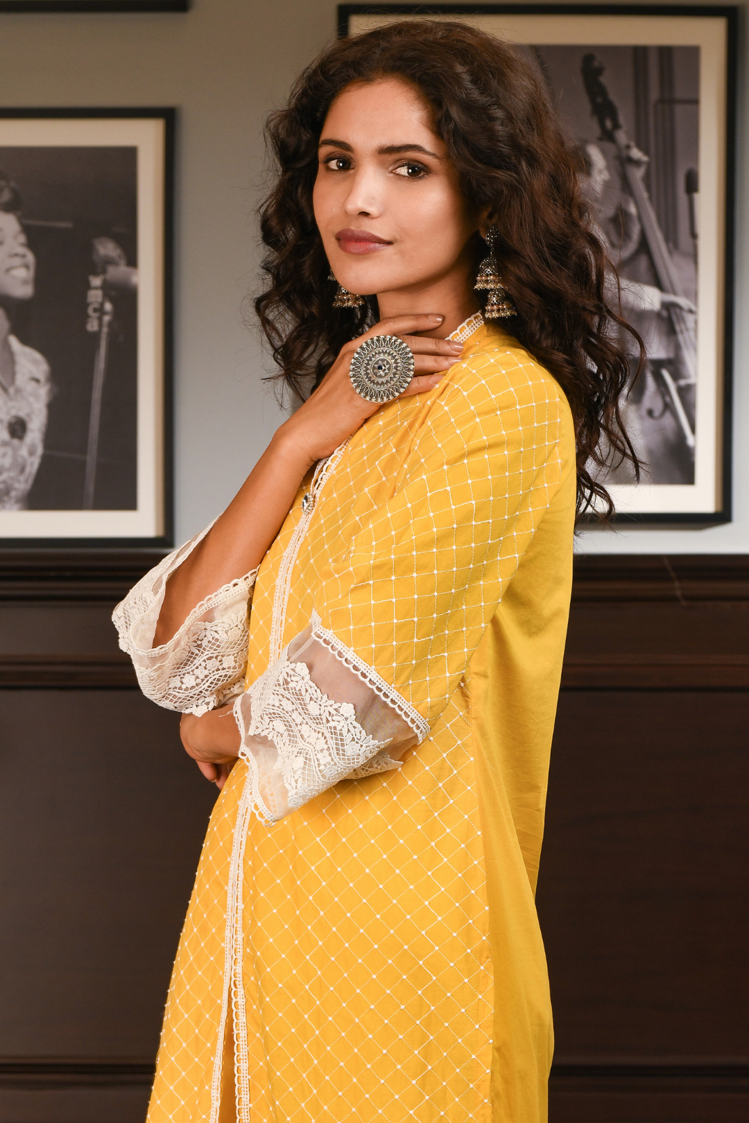 Mulmul Cotton Cayo Yellow Kurta With Hibiscus Pants