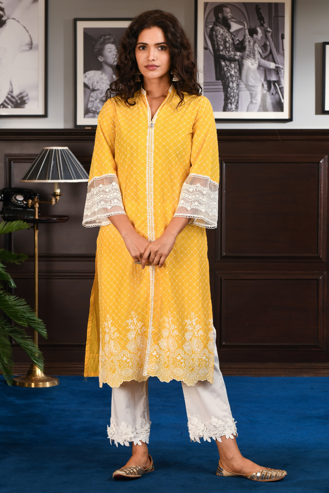 Mulmul Cotton Cayo Yellow Kurta With Hibiscus Pants