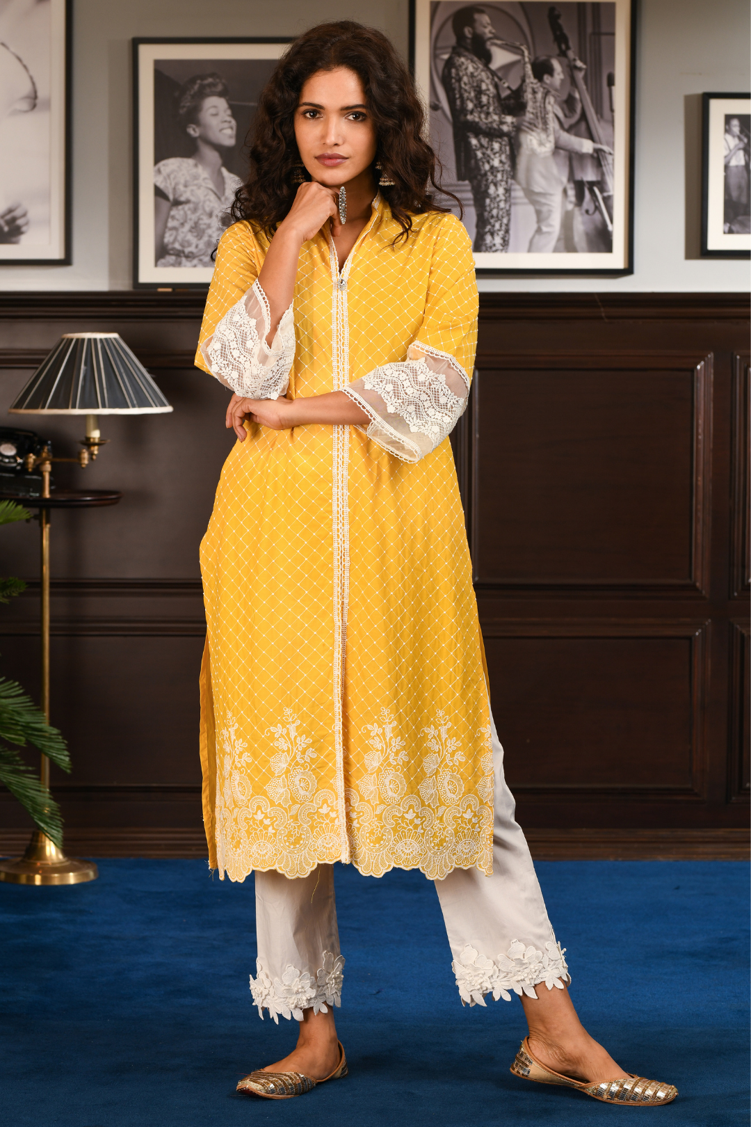 Mulmul Cotton Cayo Yellow Kurta With Hibiscus pyajamas