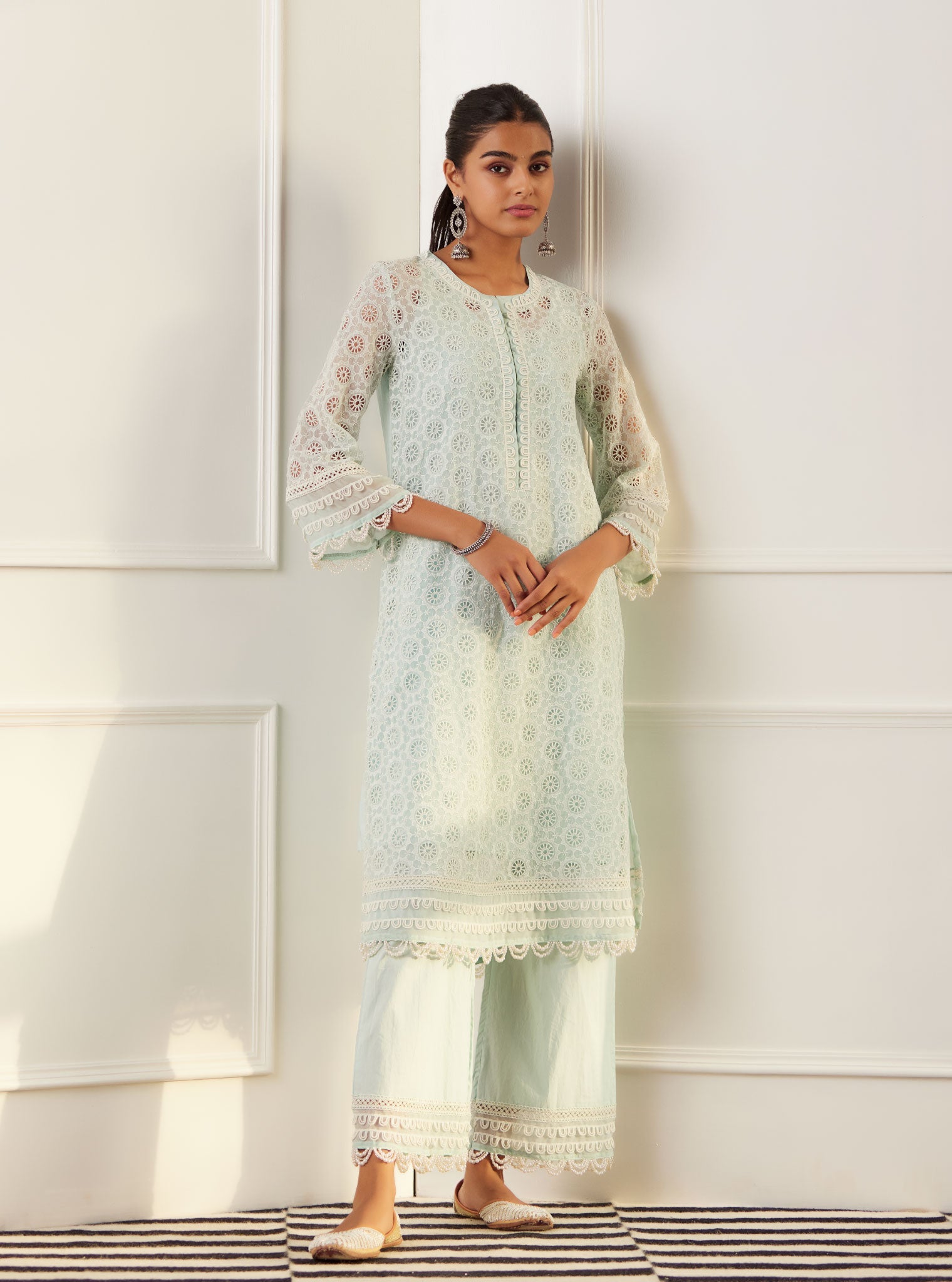 Mulmul Organza Charlotte Light Blue Kurta With Cotton Charlotte Light Blue Pant