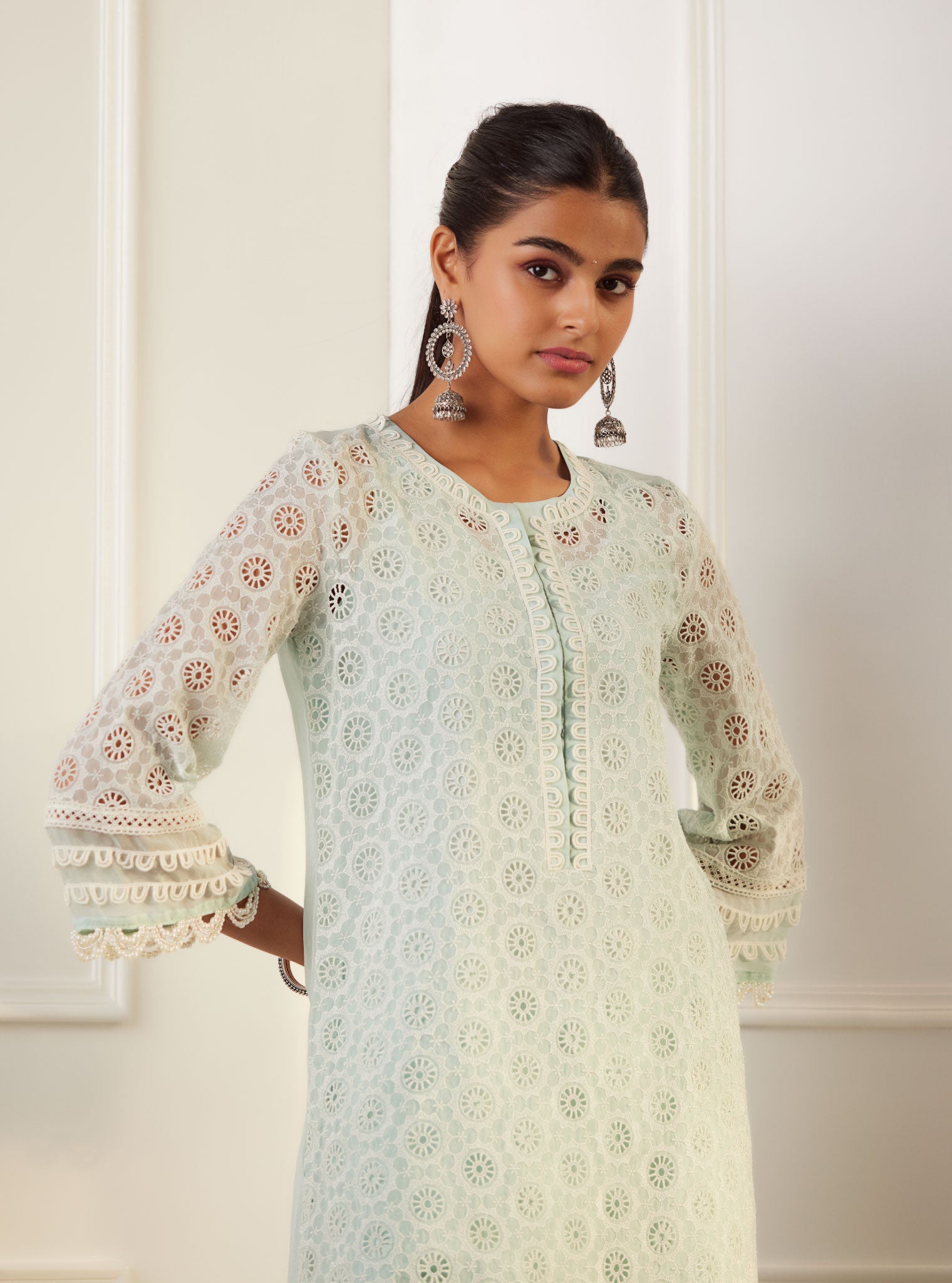 Mulmul Organza Charlotte Light Blue Kurta With Cotton Charlotte Light Blue Pant