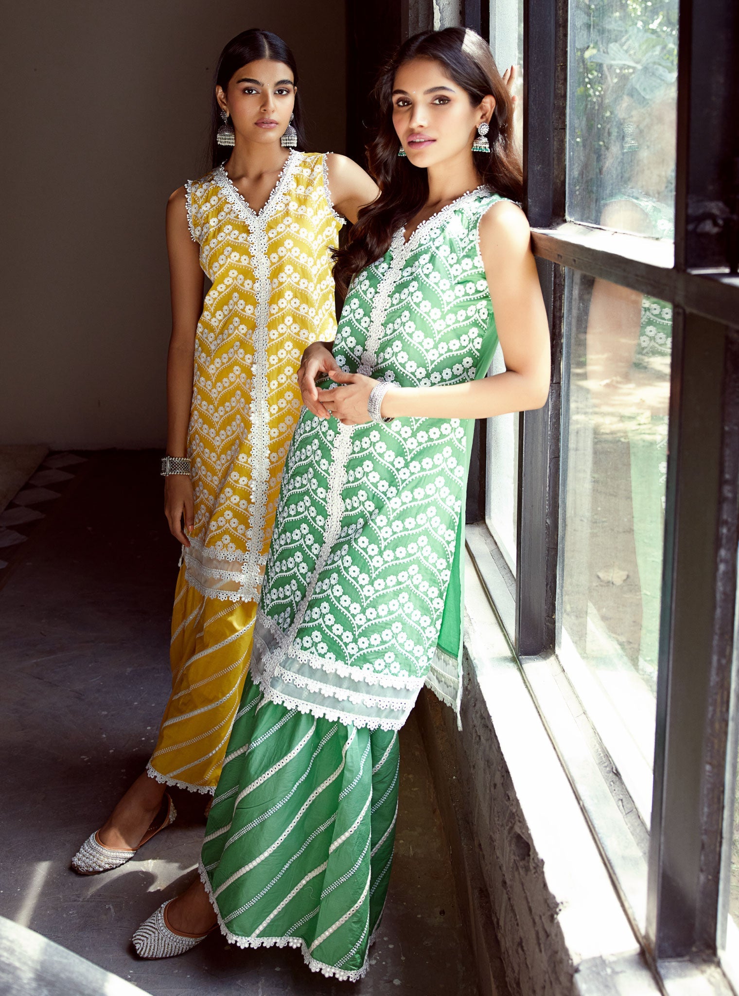 Mulmul Cotton Gabriella Green Kurta With Gabriella Green Garara