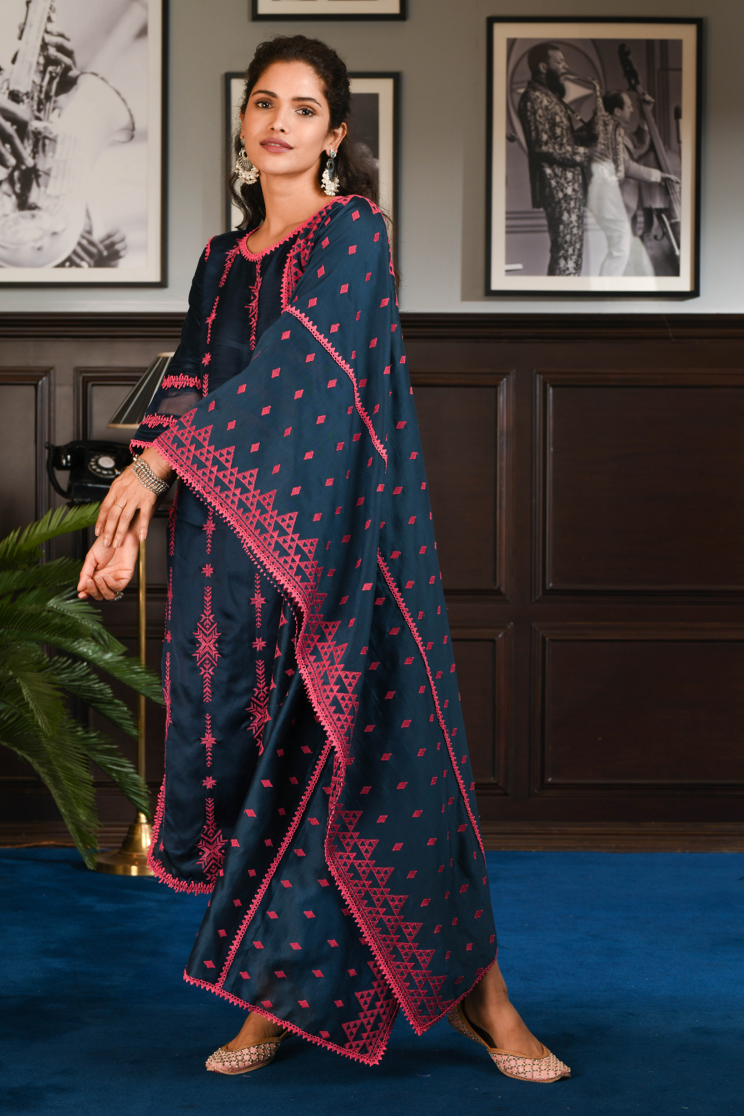 Mulmul Japanese Silk Dita Navy Kurta with Dita Navy Pants