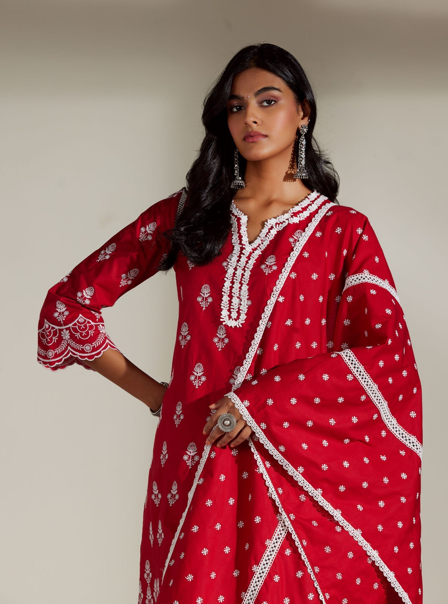 Mulmul Cotton Keily Red Kurta With Mulmul Cotton Diagonal Lace White Pant