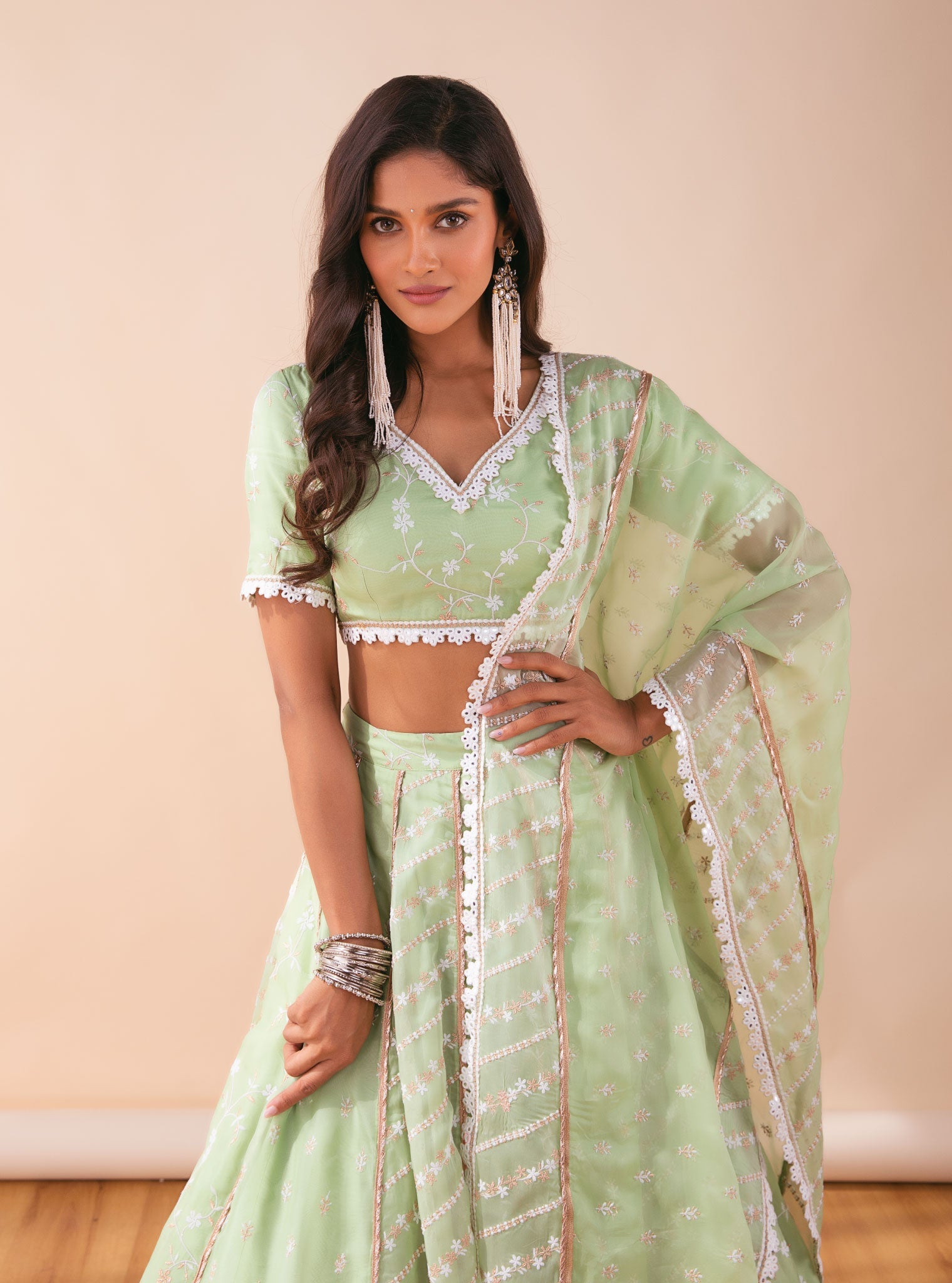 Mulmul Keylong Green Organza Lehenga