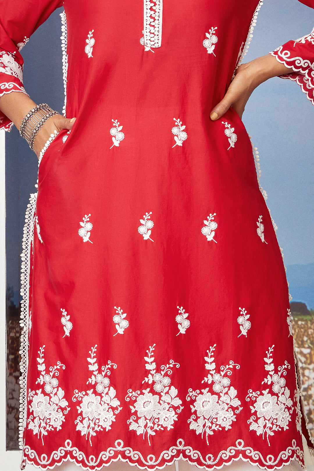 Mulmul Cotton Love Song Red Kurta