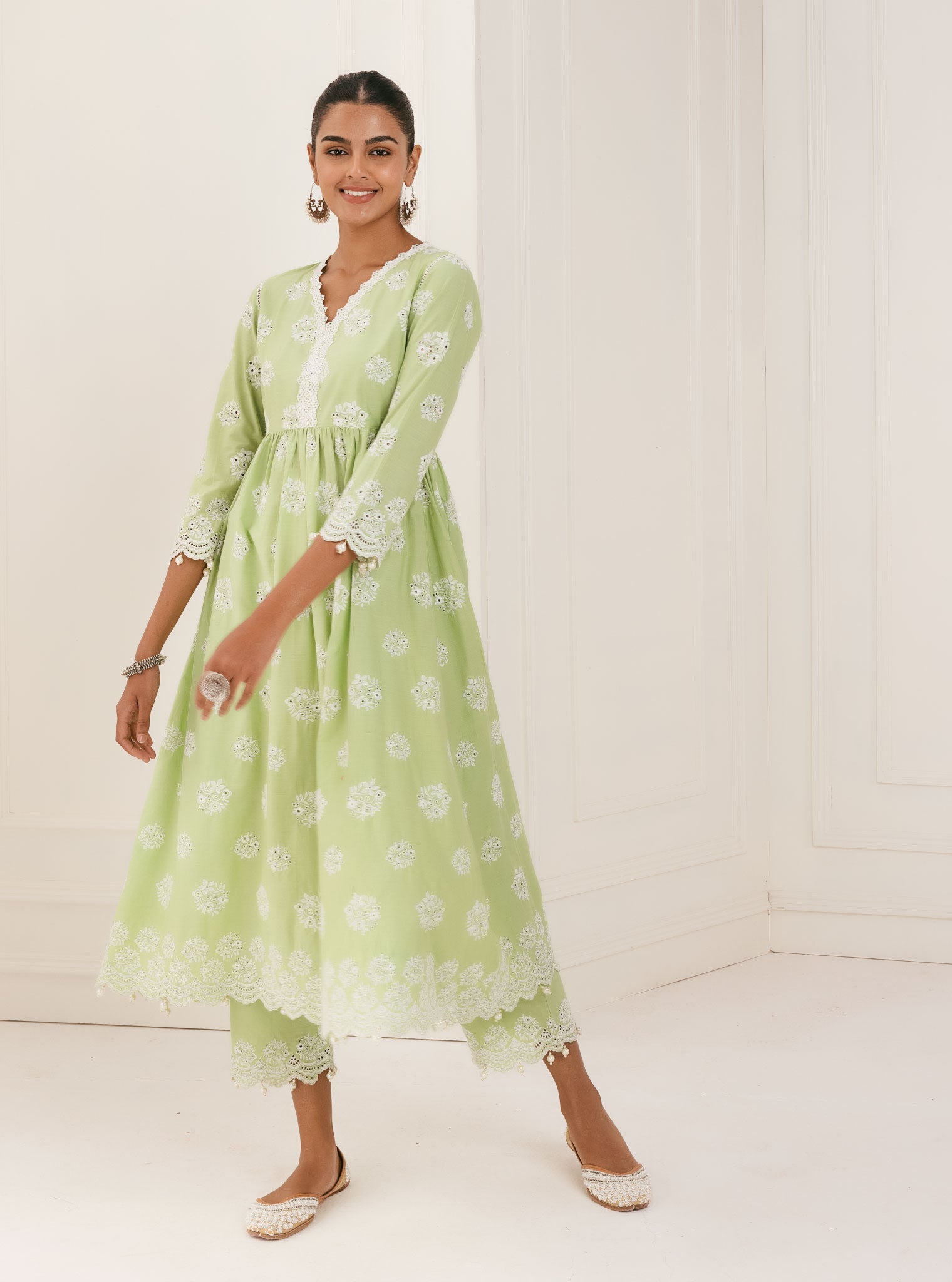 Mulmul Cotton Malana Green Kurta With Malana Green Palazzo