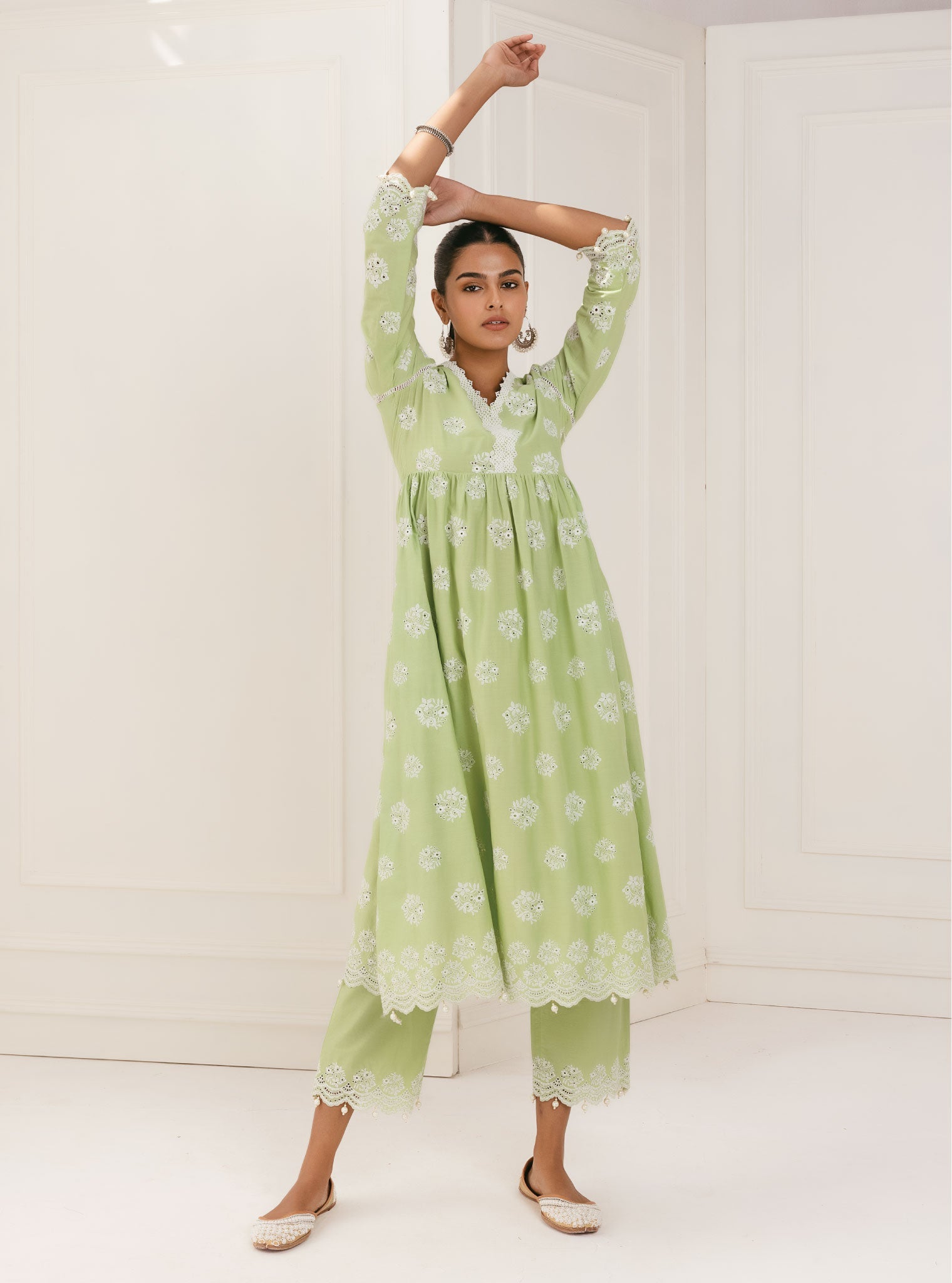 Mulmul Cotton Malana Green Kurta With Malana Green Palazzo