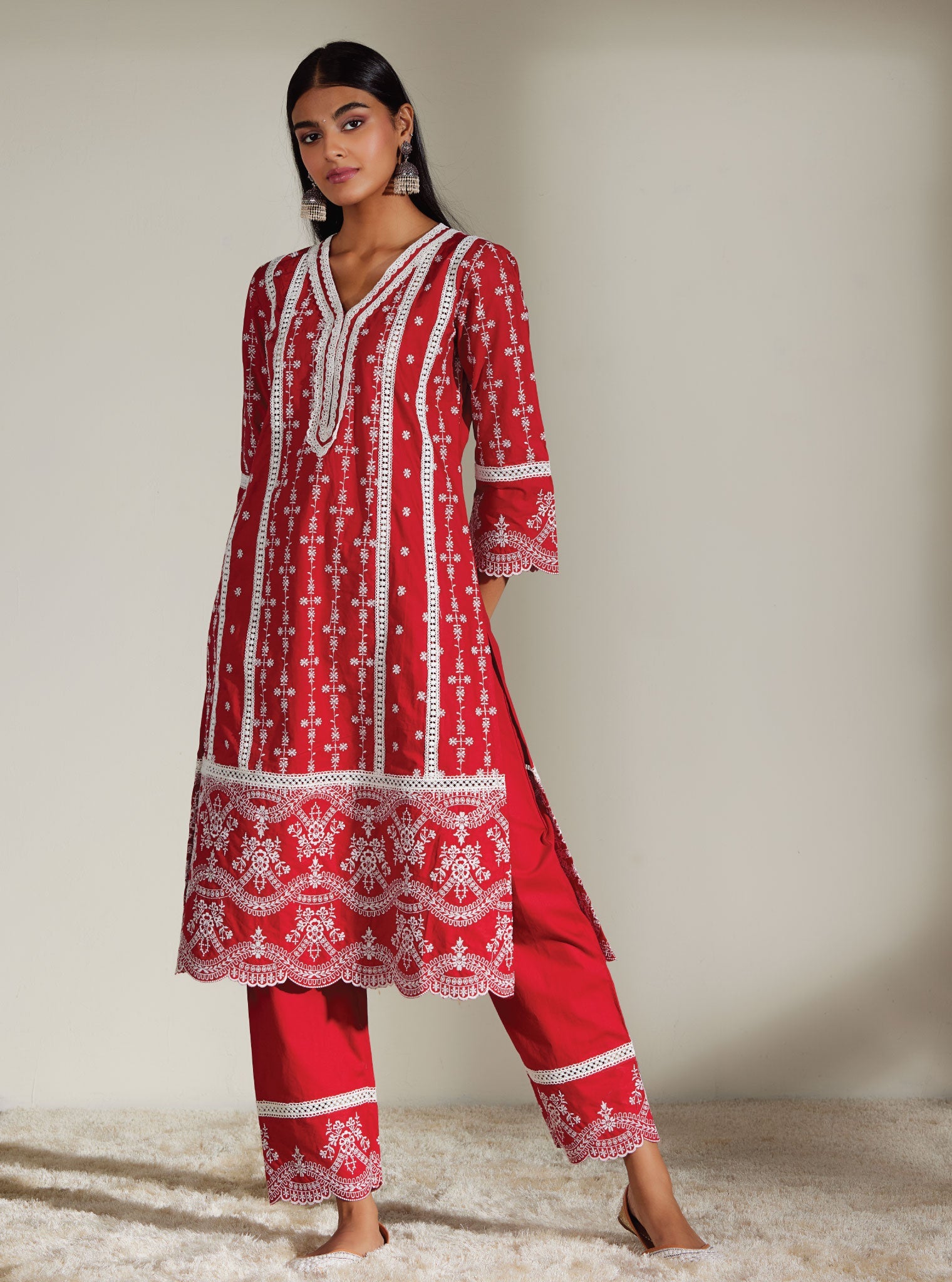 Mulmul Cotton Melanie Red Kurta With Melanie Red Pant