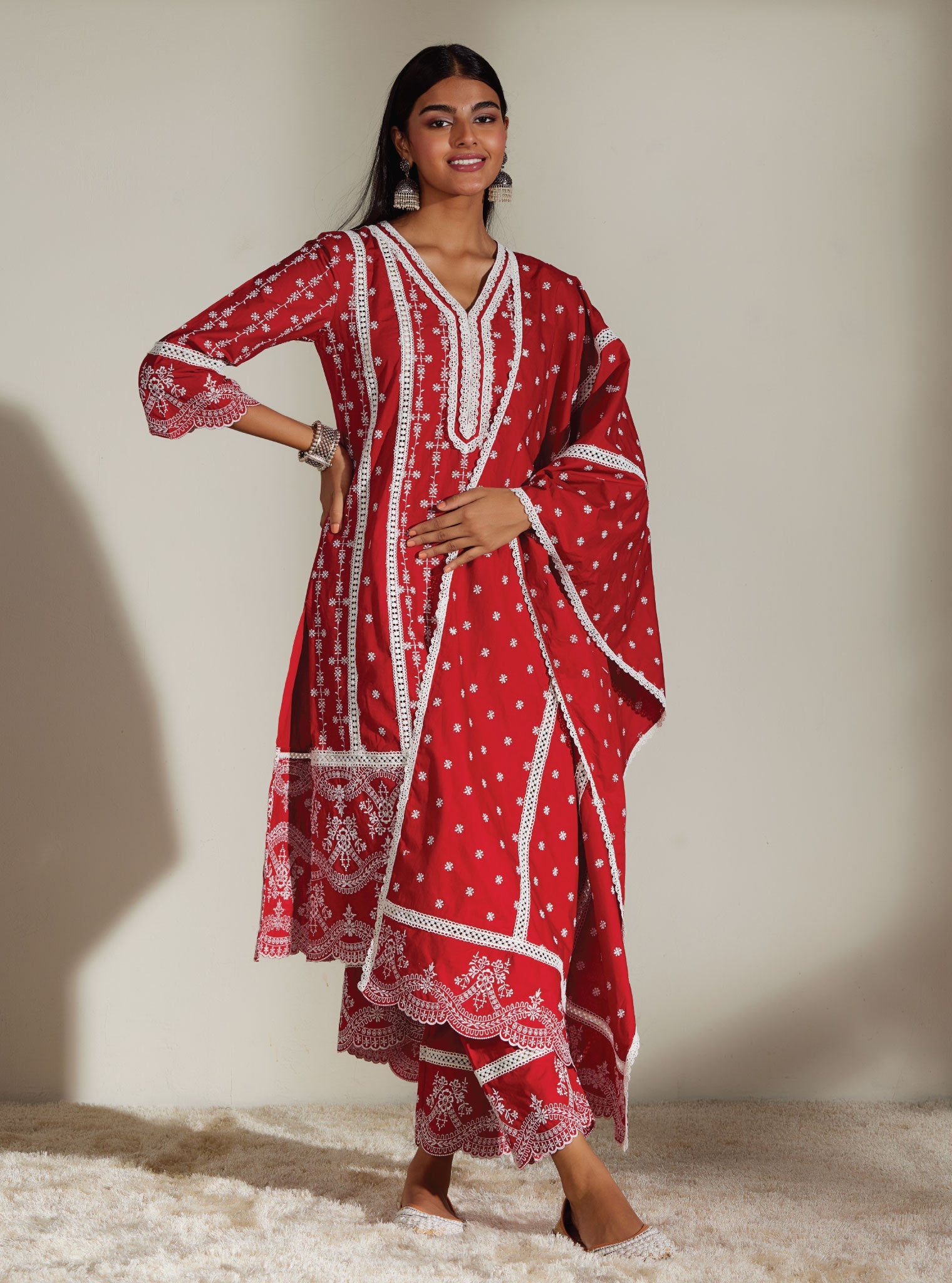 Mulmul Cotton Melanie Red Kurta With Melanie Red Pant