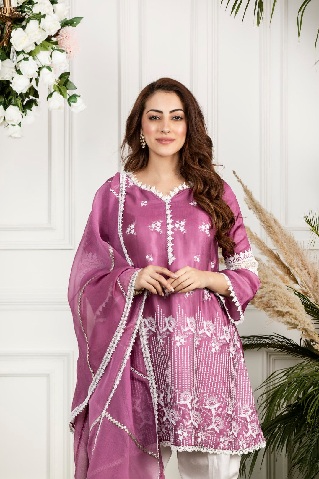 Mulmul Rosemallow Kurta With Front Pleated Pyjamas