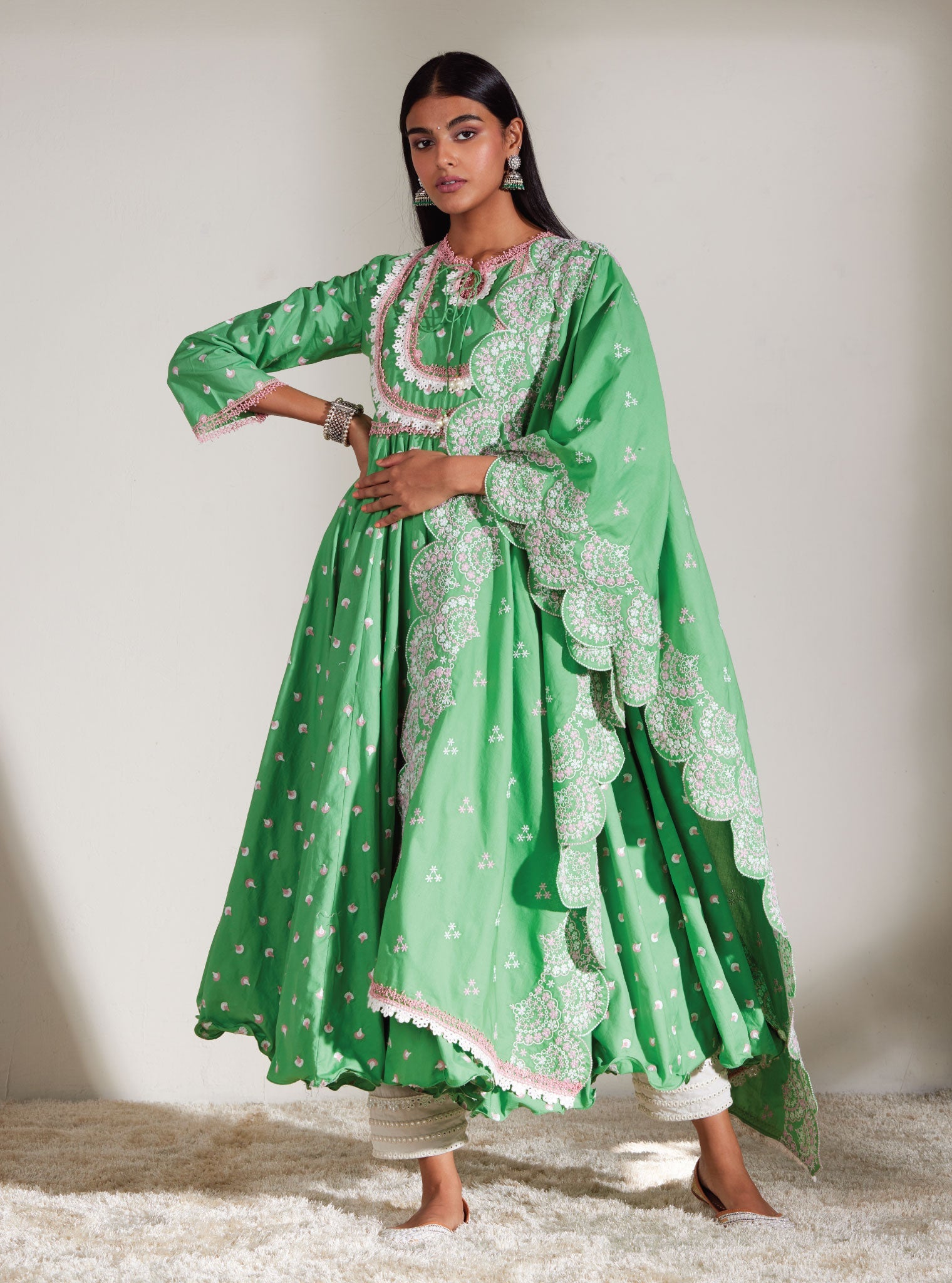 Mulmul Cotton Nadine Green Anarkali Kurta With Mirror Gota White Pant