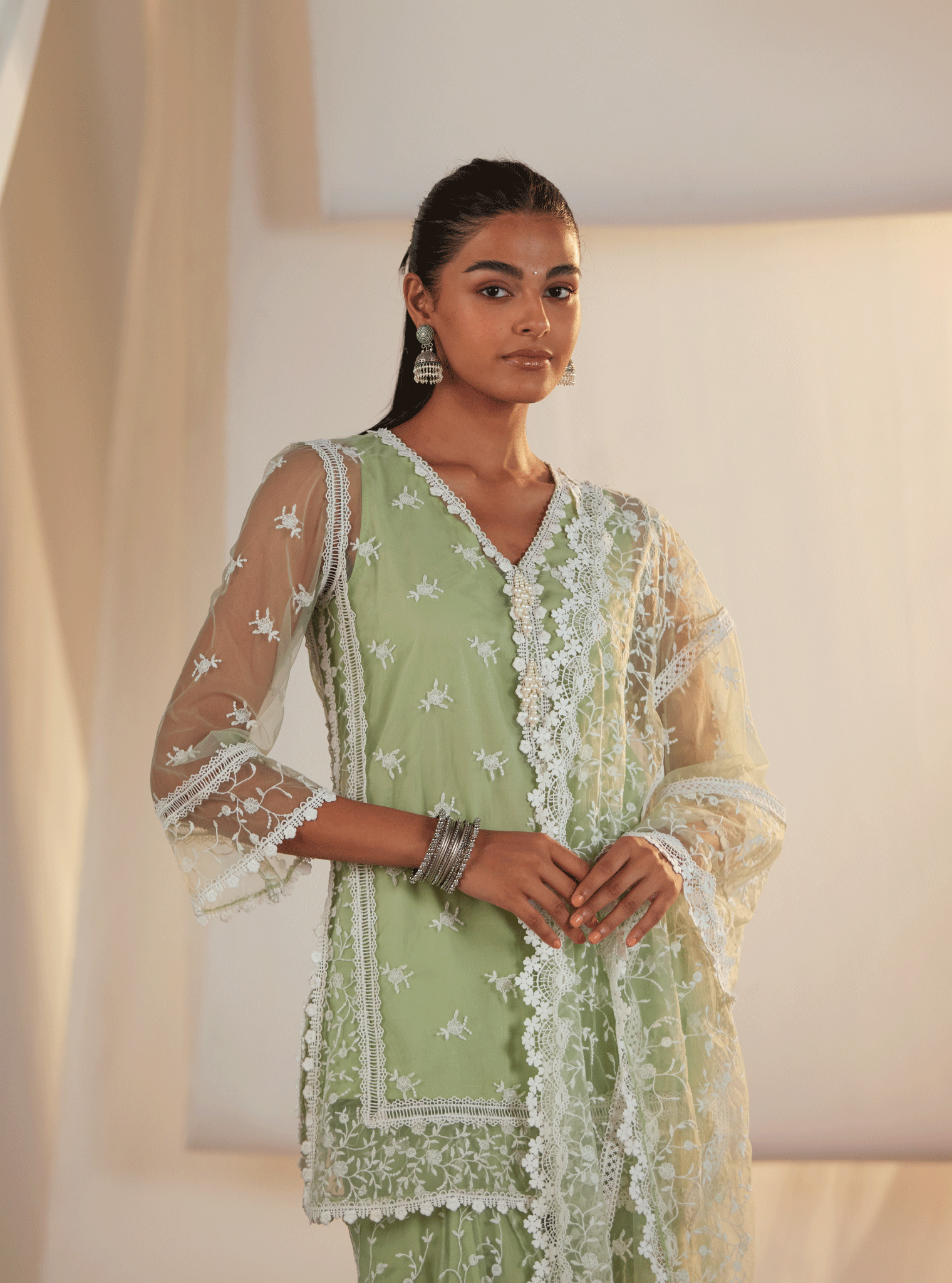 Mulmul Net Odyssey Green Kurta With Odyssey Green Sharara