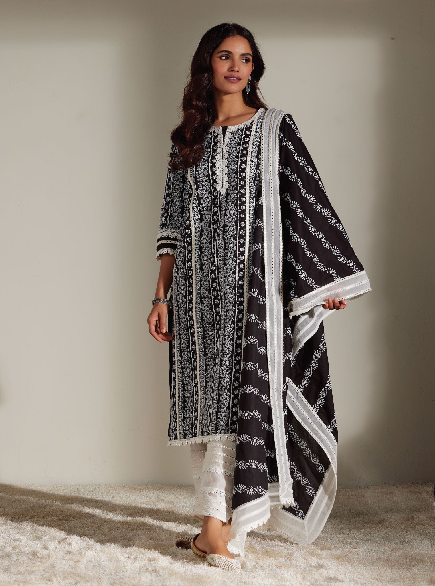 Mulmul Cotton Patricia Black Kurta with Mulmul Cotton Mirror Gota White Pant