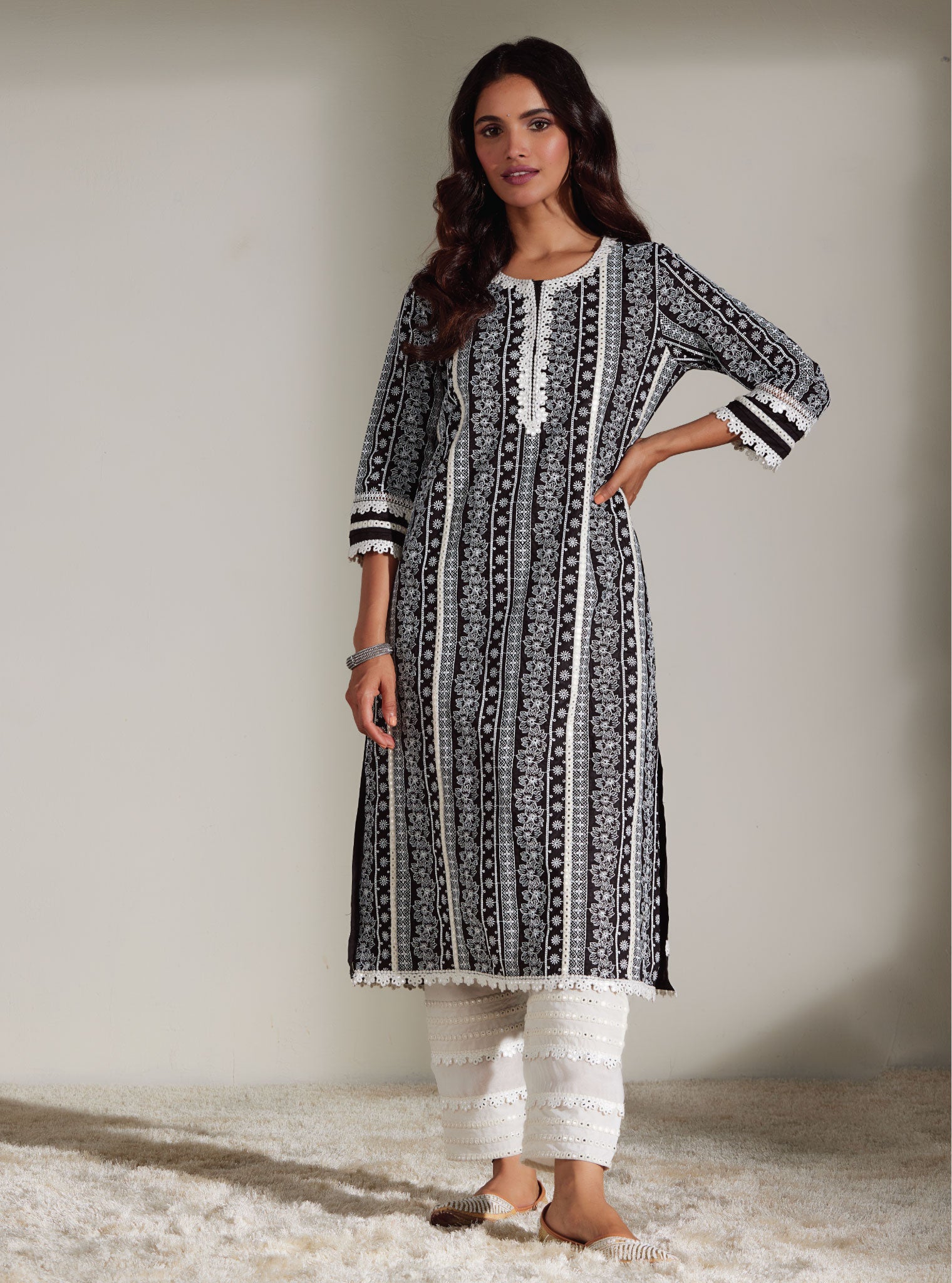 Mulmul Cotton Patricia Black Kurta with Mulmul Cotton Mirror Gota White Pant