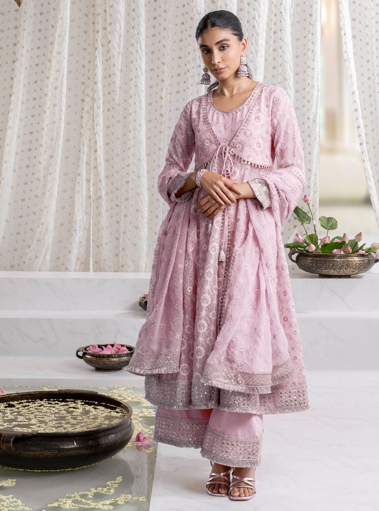 Mulmul Organza Ghoomar Anarkali Pink Kurta With Mulmul Pima Ghoomar Pink Pant