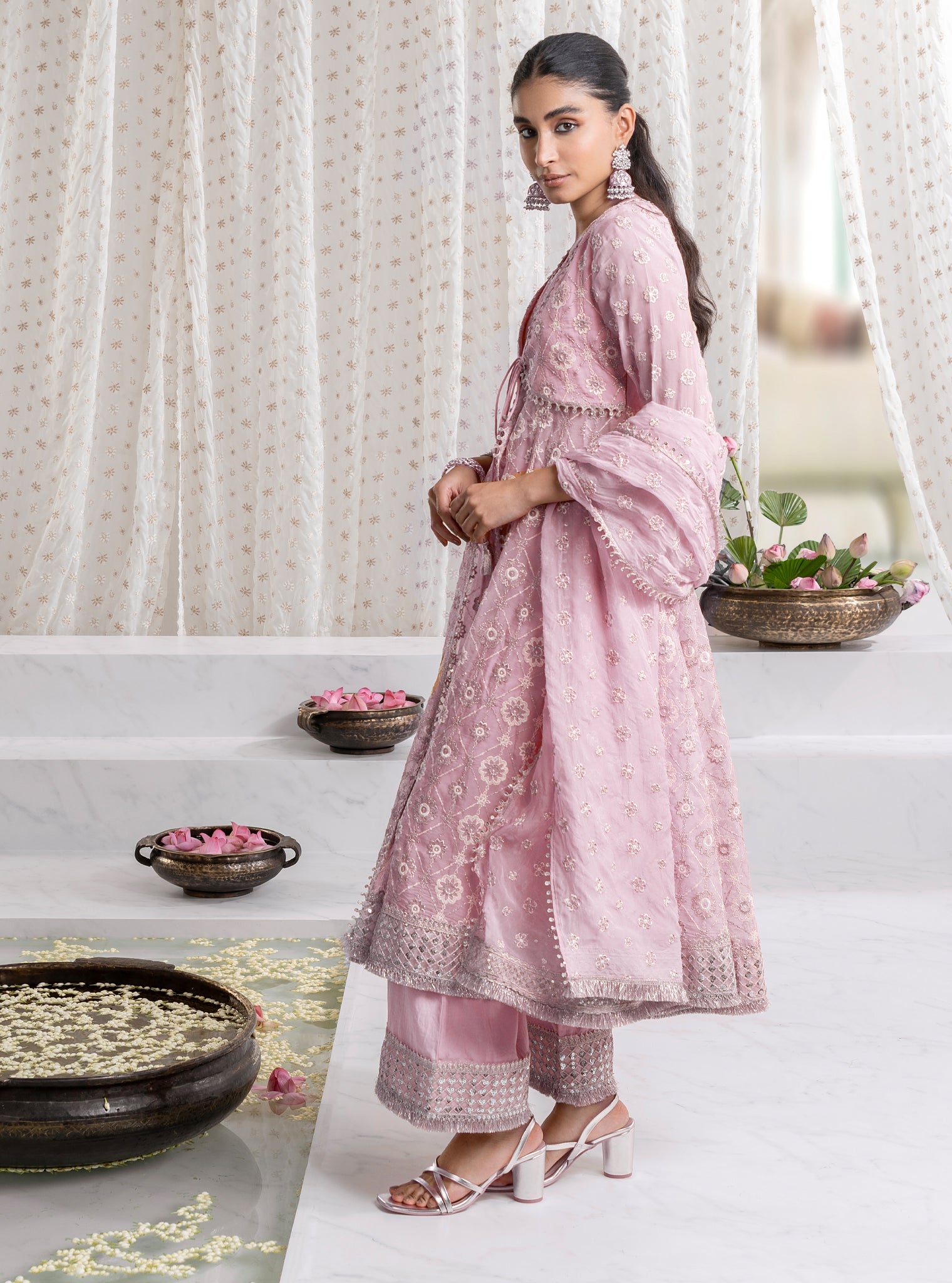 Mulmul Organza Ghoomar Anarkali Pink Kurta With Mulmul Pima Ghoomar Pink Pant