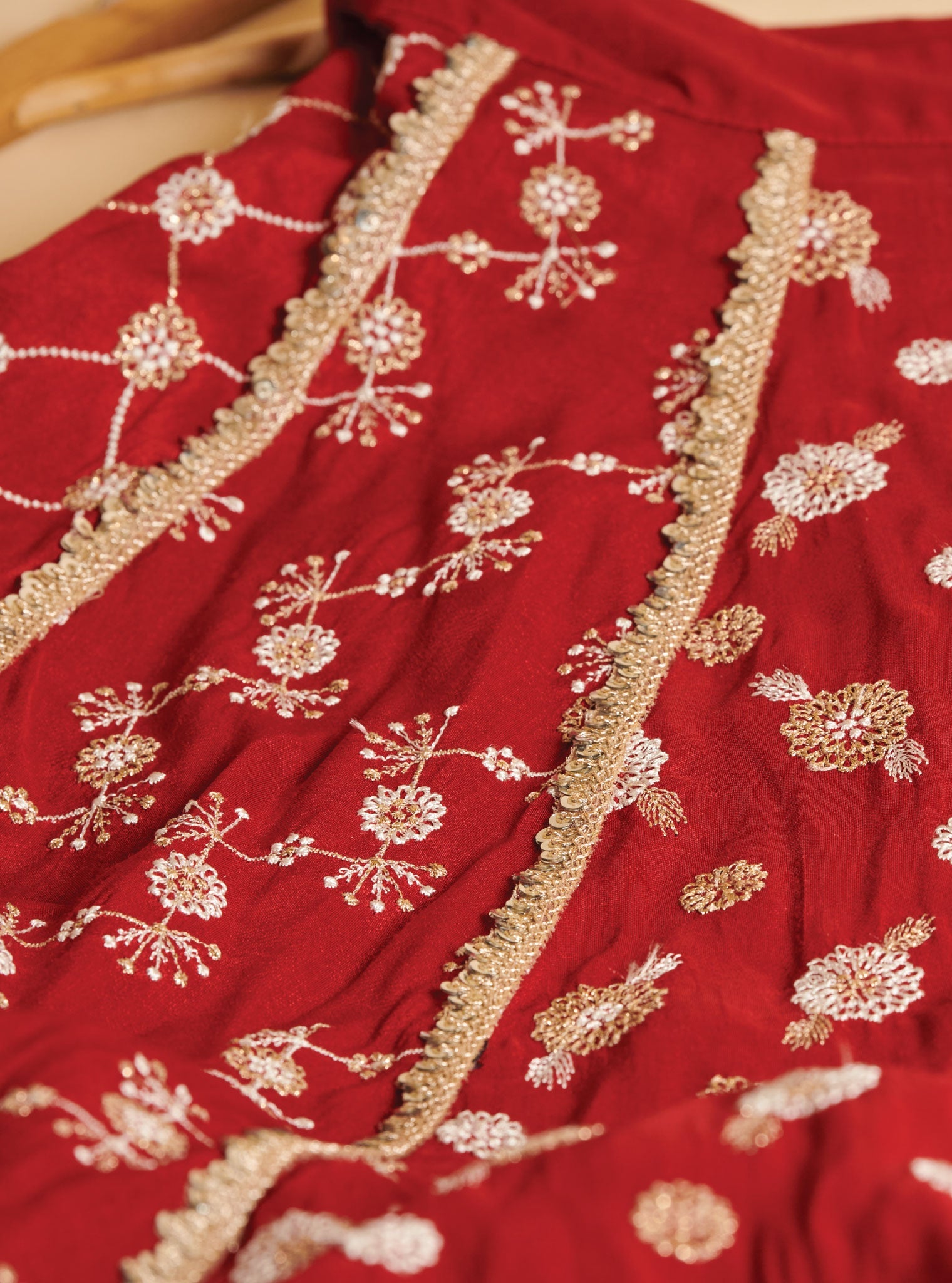 Mulmul Silk Surkh Red Kurta With Mulmul Silk Surkh Red Lehenga