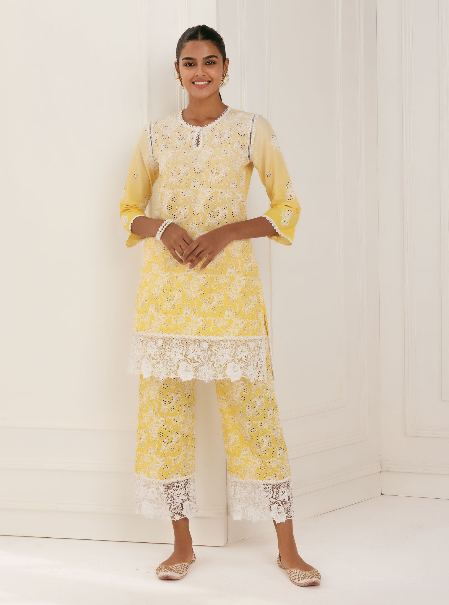 Mulmul Cotton Tista Yellow Kurta With Tista Yellow Palazzo