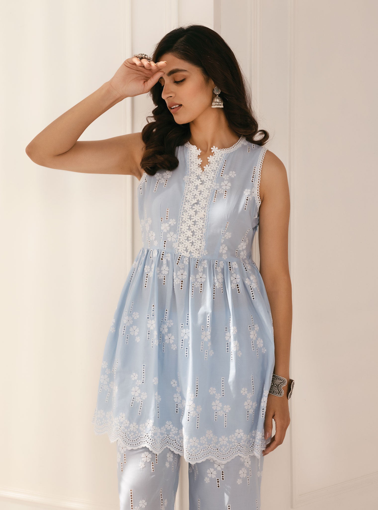 Mulmul Cotton Yana Blue Kurta With Yana Blue Palazzo