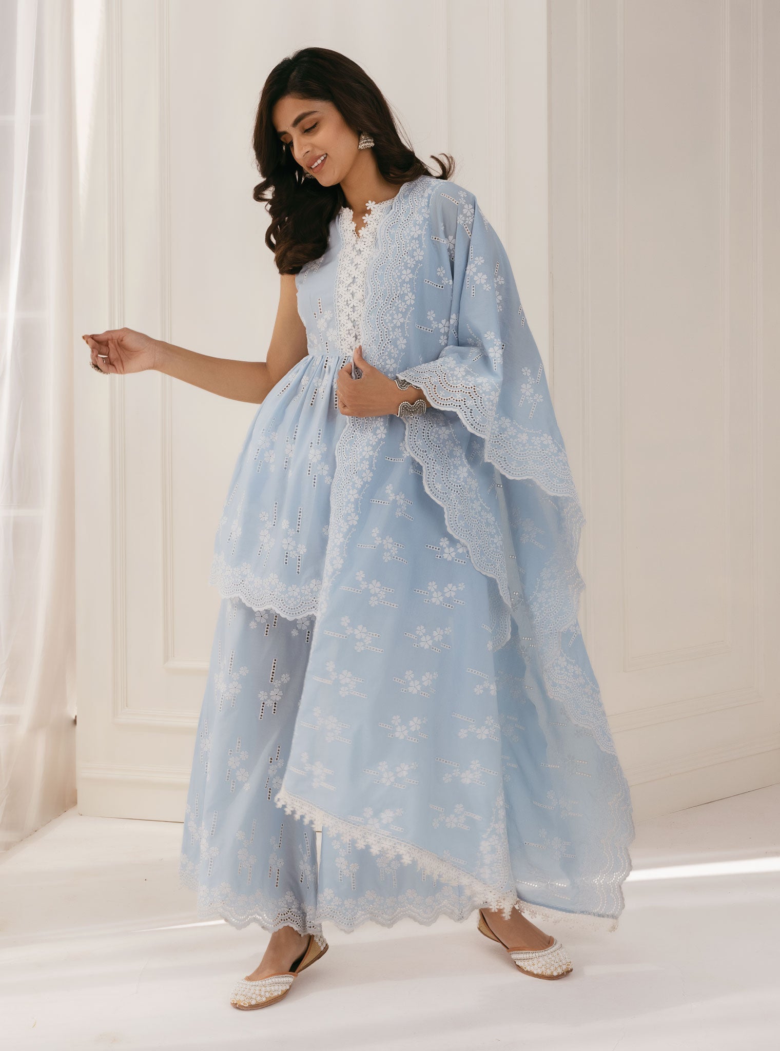 Mulmul Cotton Yana Blue Kurta With Yana Blue Palazzo