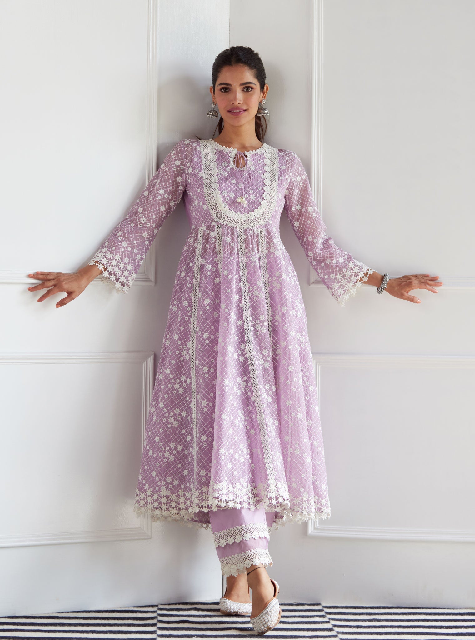 Mulmul Organza Zola Lilac Anarkali Kurta With Mulmul Cotton Zola Lilac Pant