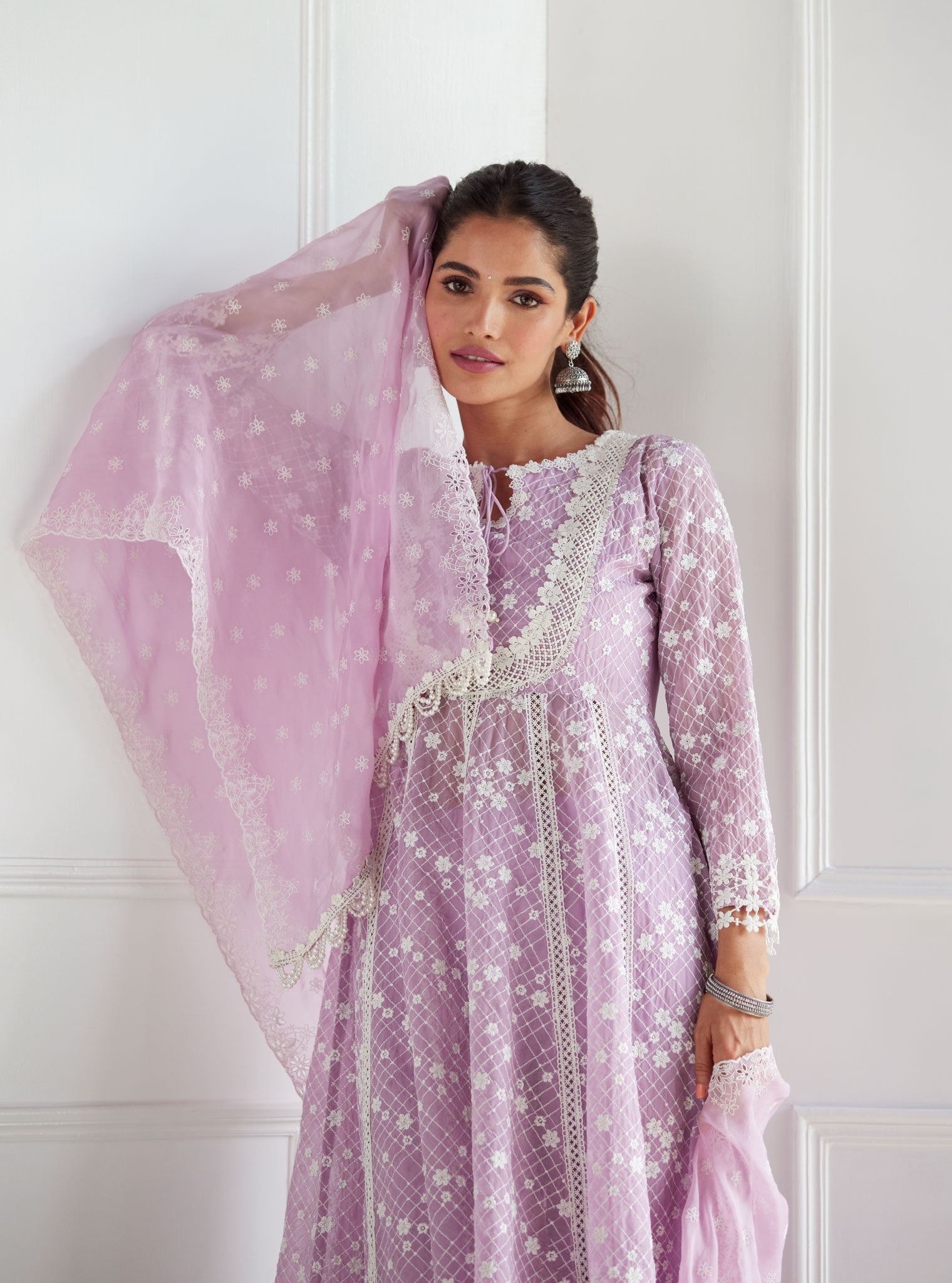 Mulmul Organza Zola Lilac Anarkali Kurta With Mulmul Cotton Zola Lilac Pant