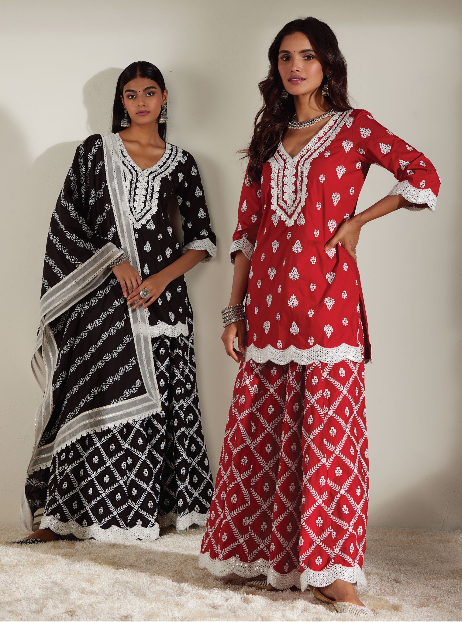 Mulmul Cotton Zoriana Black Kurta With Zoriana Black Sharara