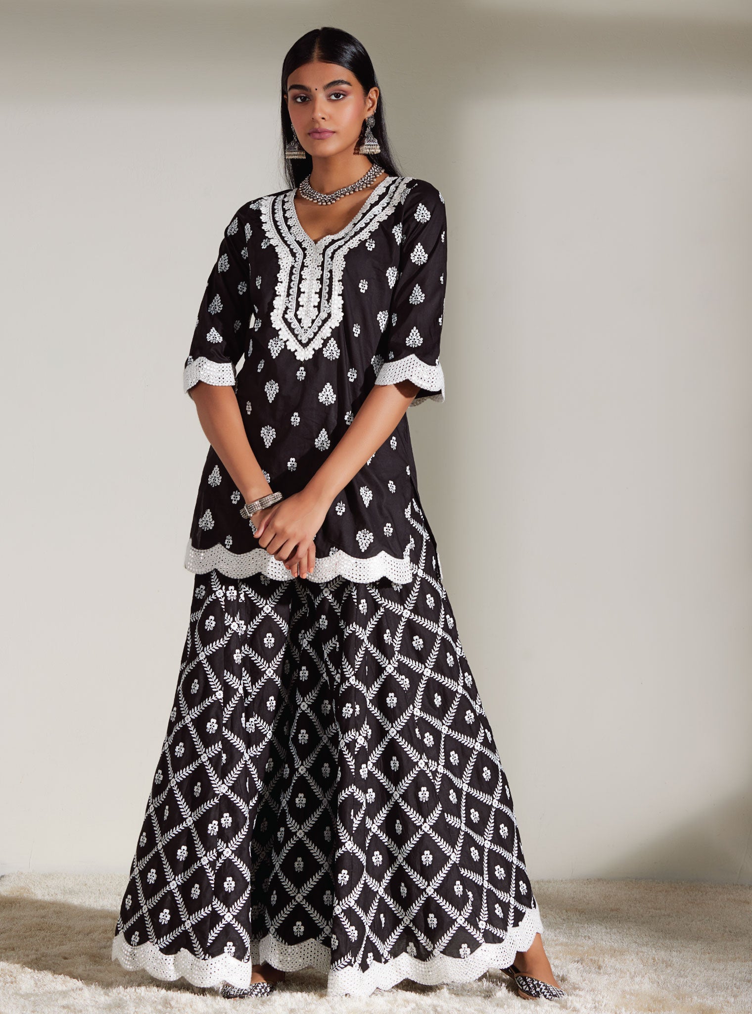 Mulmul Cotton Zoriana Black Kurta With Zoriana Black Sharara